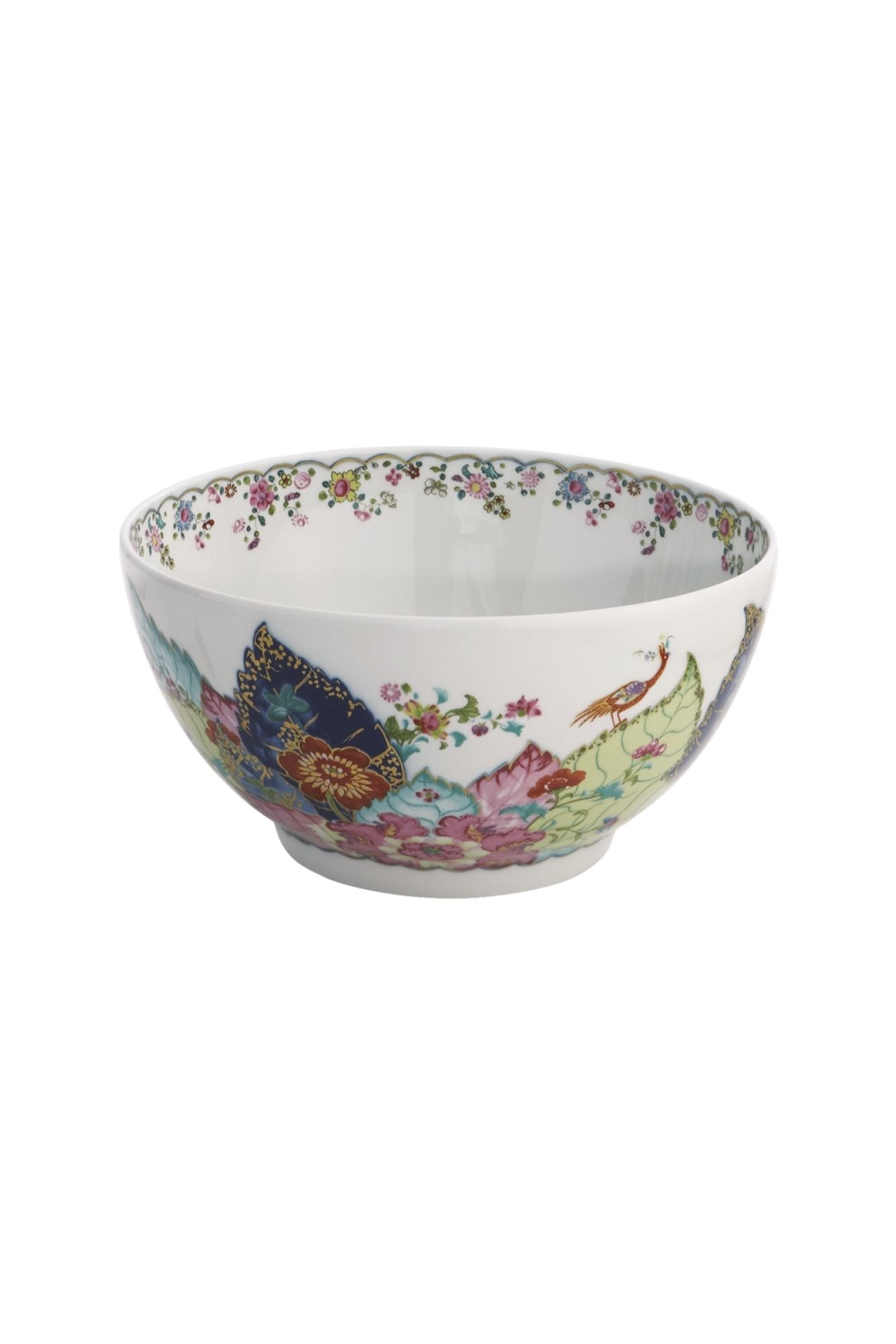 Dinnerware with a small phoenix bird perches on the leaves of the flowering Nicotiana (Tobacco) plant. Twenty-seven colors and 22k gold make up this pattern based on an original in the Metropolitan Museum of Art.