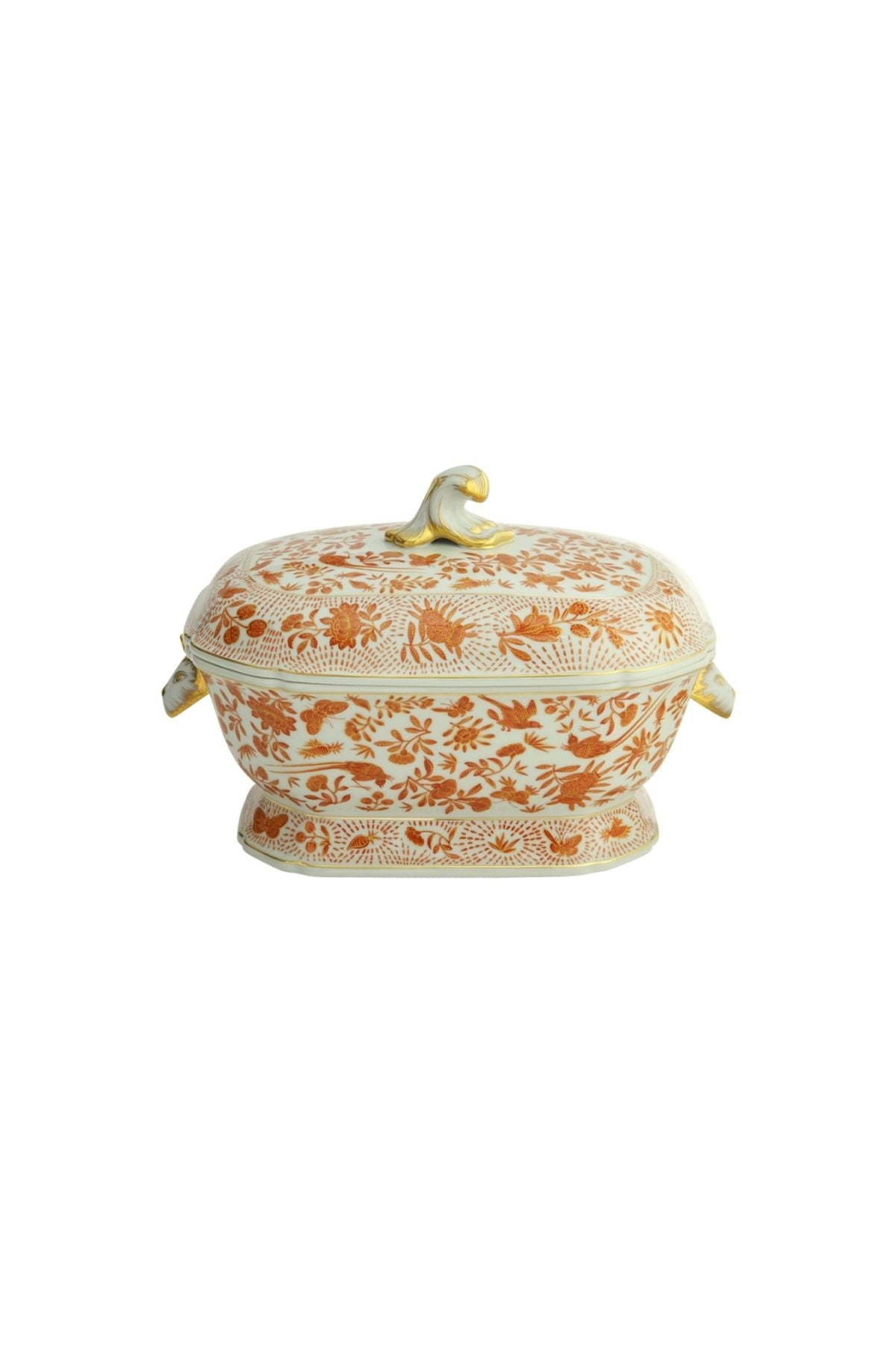 Sacred birds in orange print. Five piece place setting includes dinner plate, dessert plate, bread & butter plate and teacup with saucer.