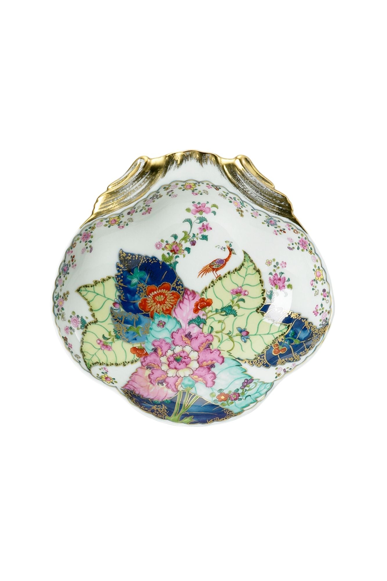 Dinnerware with a small phoenix bird perches on the leaves of the flowering Nicotiana (Tobacco) plant. Twenty-seven colors and 22k gold make up this pattern based on an original in the Metropolitan Museum of Art.