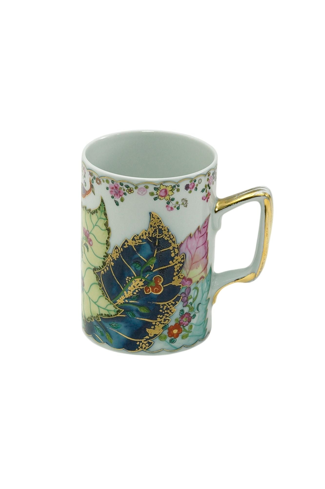 Dinnerware with a small phoenix bird perches on the leaves of the flowering Nicotiana (Tobacco) plant. Twenty-seven colors and 22k gold make up this pattern based on an original in the Metropolitan Museum of Art.