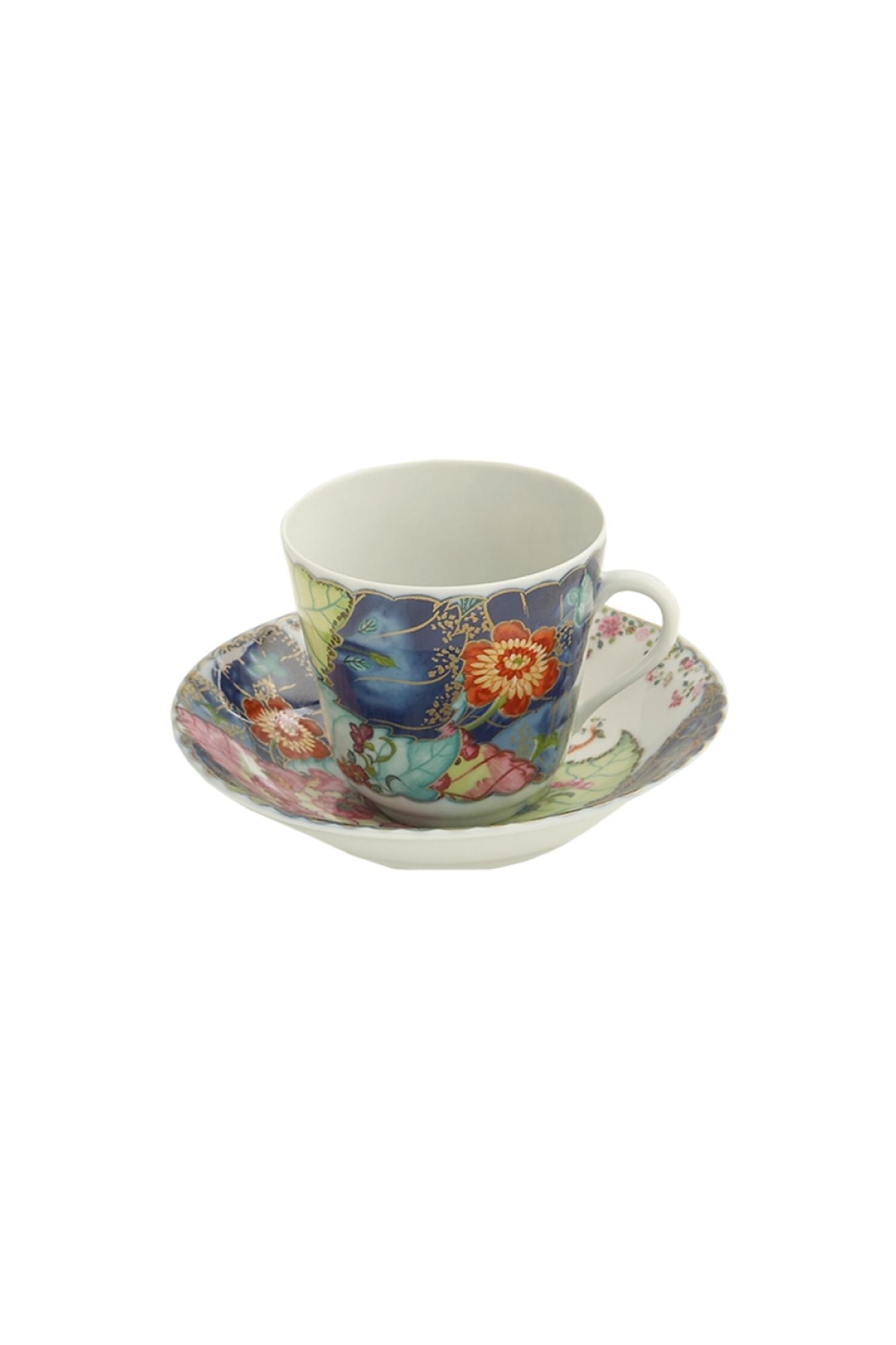 Dinnerware with a small phoenix bird perches on the leaves of the flowering Nicotiana (Tobacco) plant. Twenty-seven colors and 22k gold make up this pattern based on an original in the Metropolitan Museum of Art.