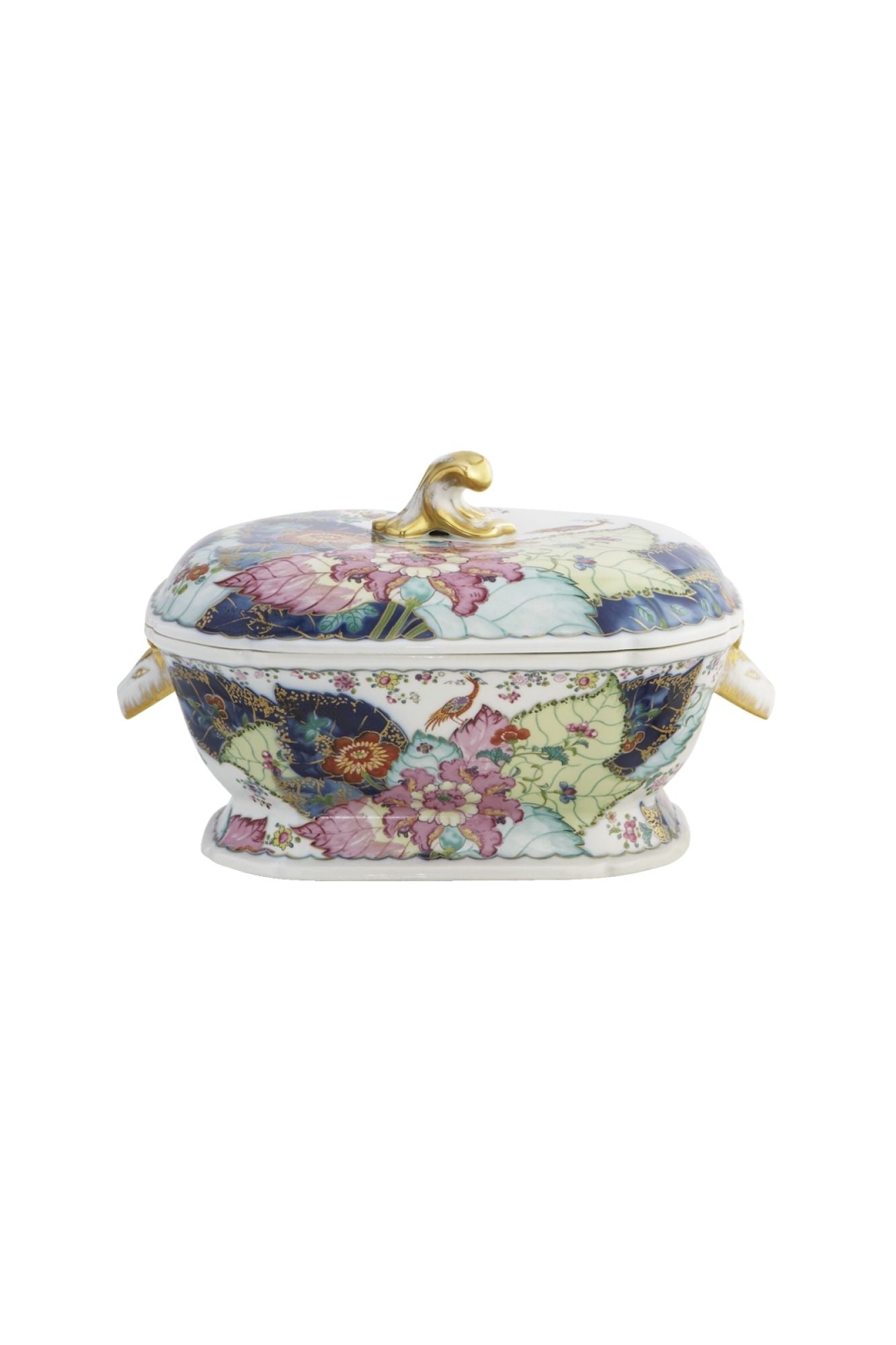 Dinnerware with a small phoenix bird perches on the leaves of the flowering Nicotiana (Tobacco) plant. Twenty-seven colors and 22k gold make up this pattern based on an original in the Metropolitan Museum of Art.
