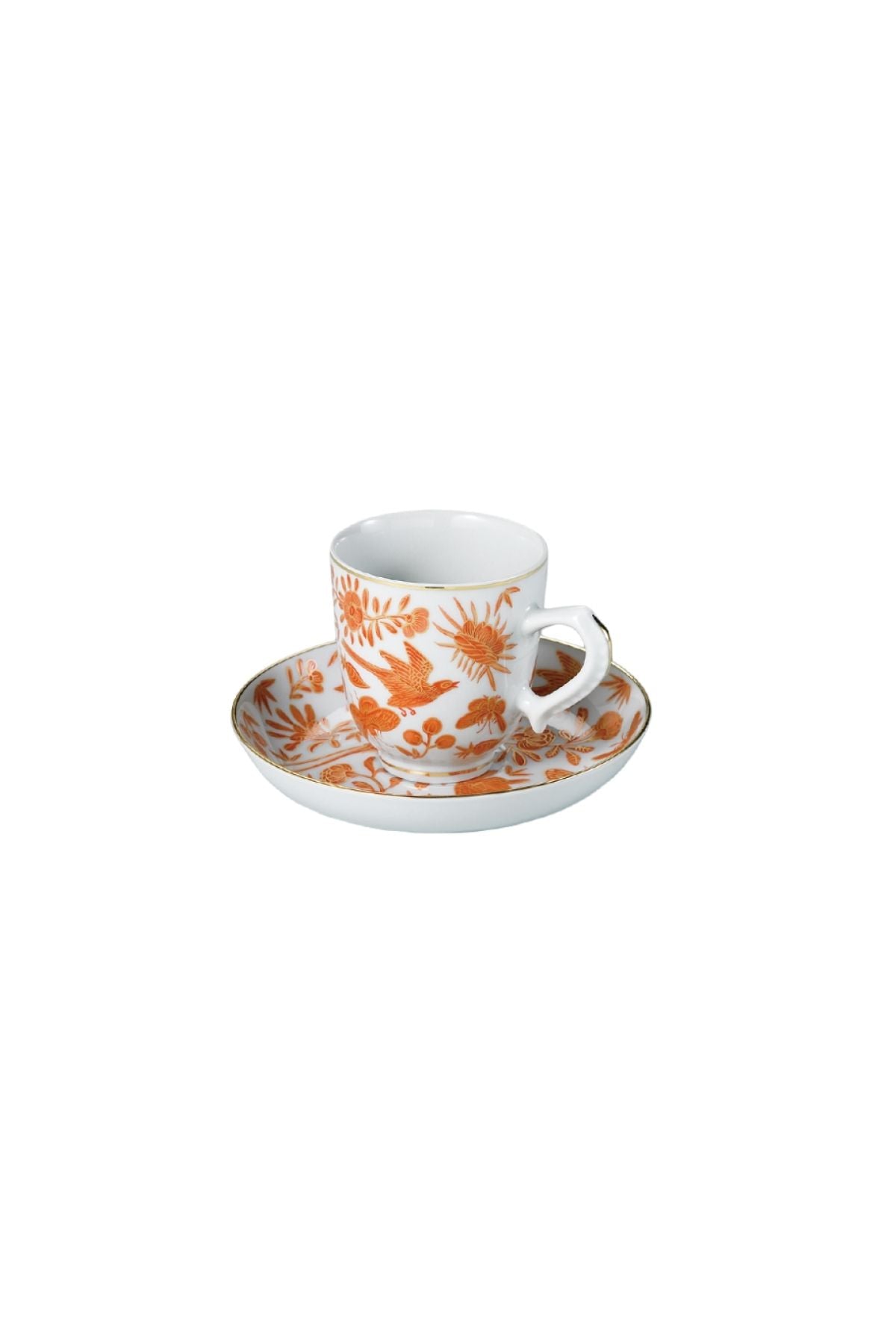 Sacred birds in orange print. Five piece place setting includes dinner plate, dessert plate, bread & butter plate and teacup with saucer.