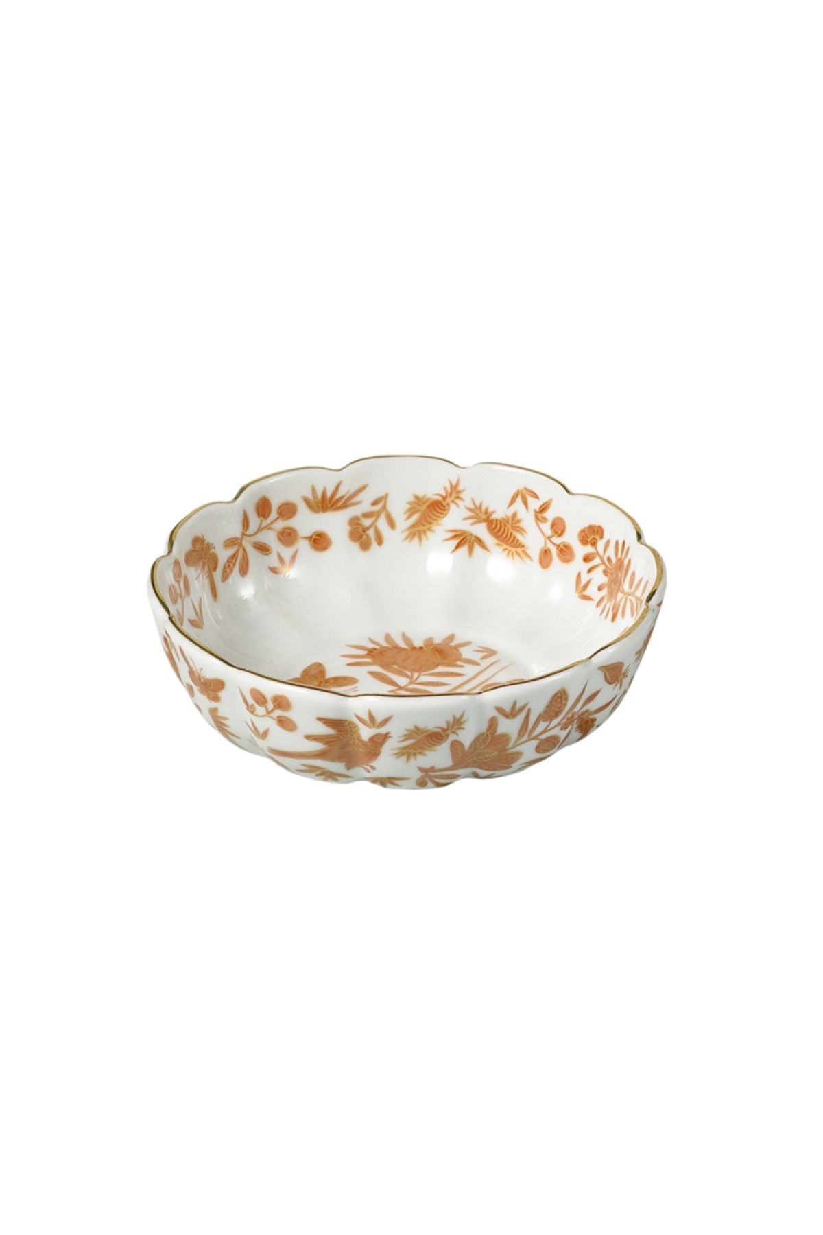 Sacred birds in orange print. Five piece place setting includes dinner plate, dessert plate, bread & butter plate and teacup with saucer.