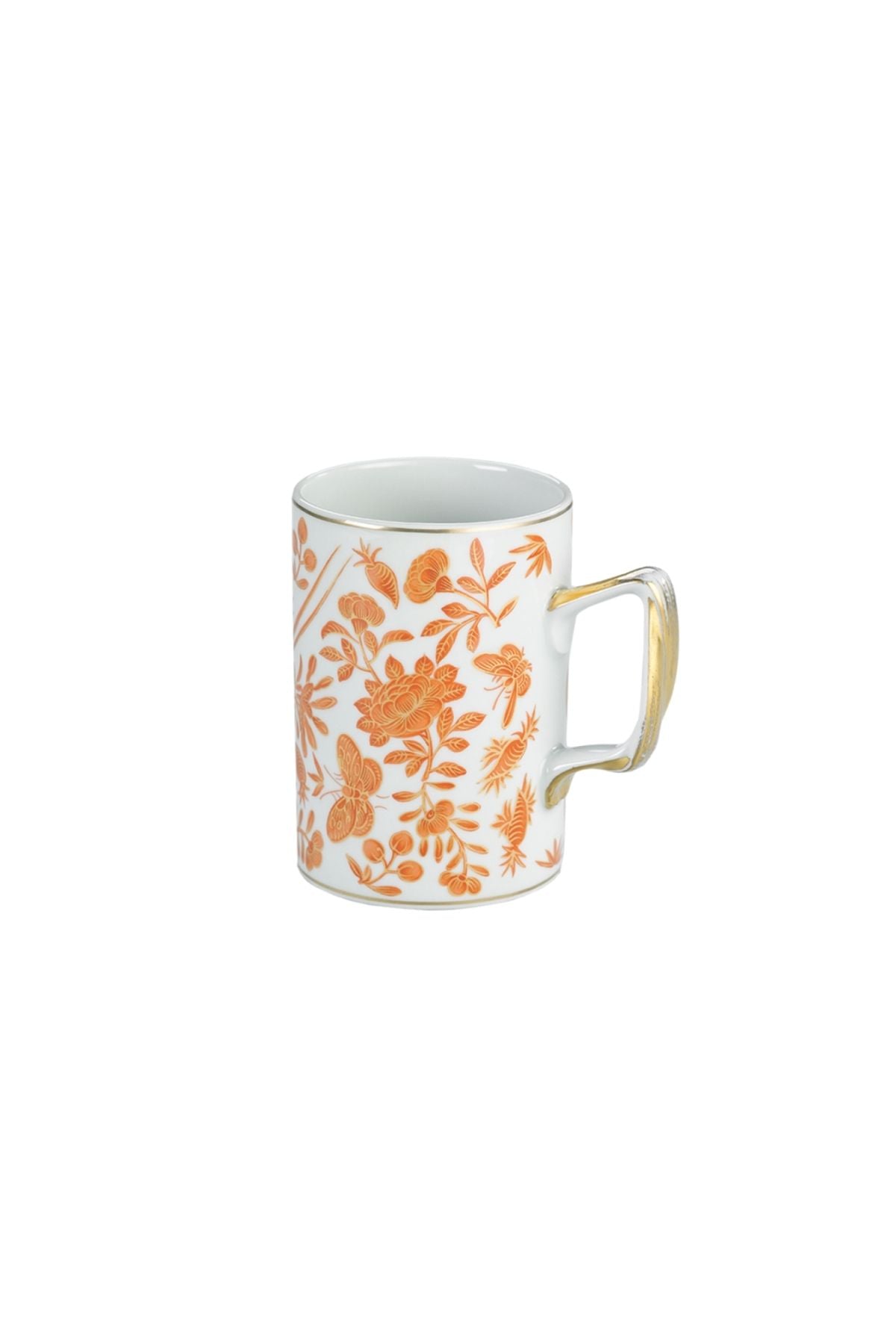 Sacred birds in orange print. Five piece place setting includes dinner plate, dessert plate, bread & butter plate and teacup with saucer.