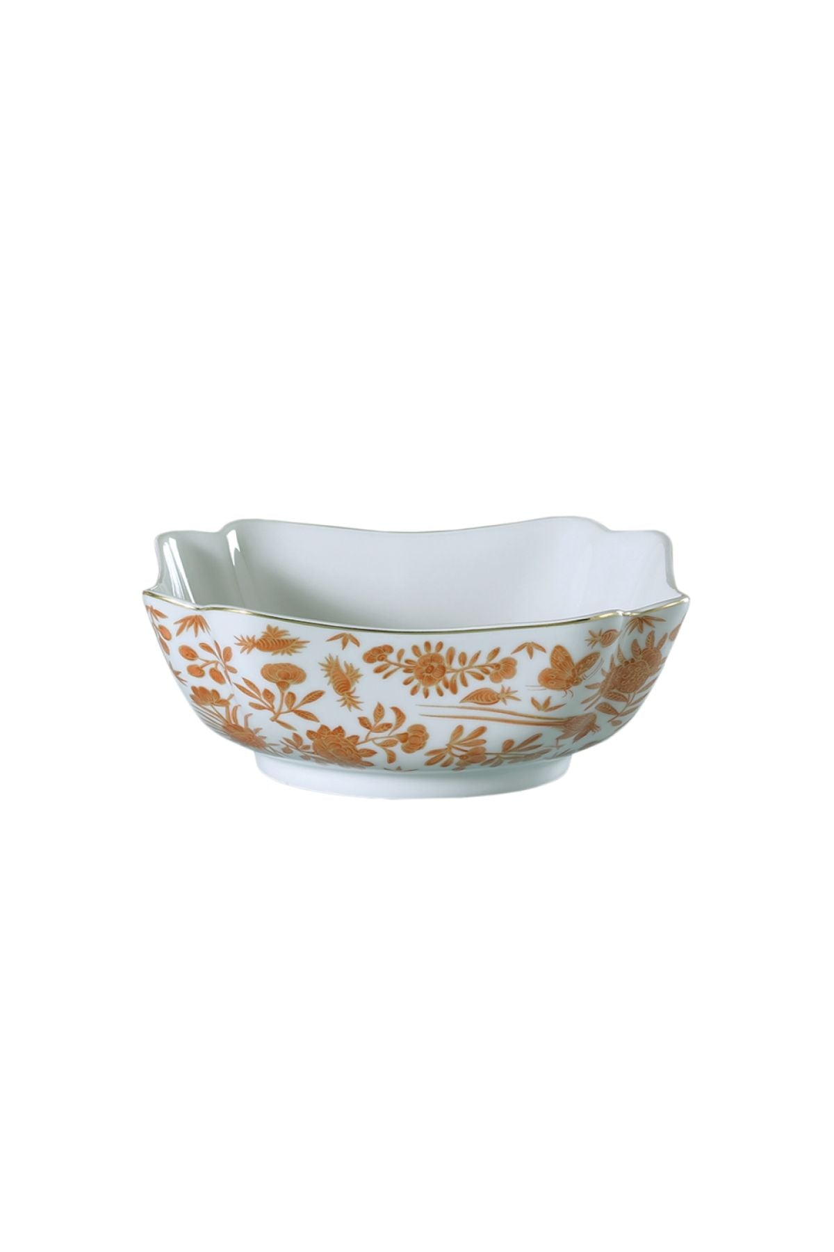 Sacred birds in orange print. Five piece place setting includes dinner plate, dessert plate, bread & butter plate and teacup with saucer.