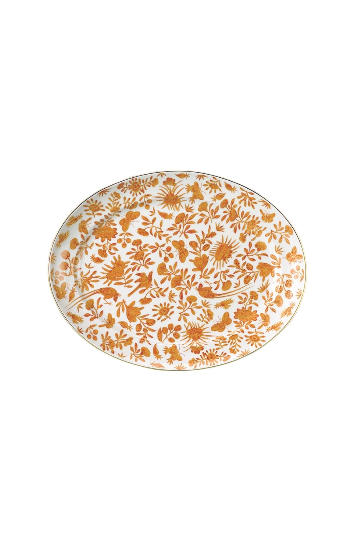Sacred birds in orange print. Five piece place setting includes dinner plate, dessert plate, bread & butter plate and teacup with saucer.
