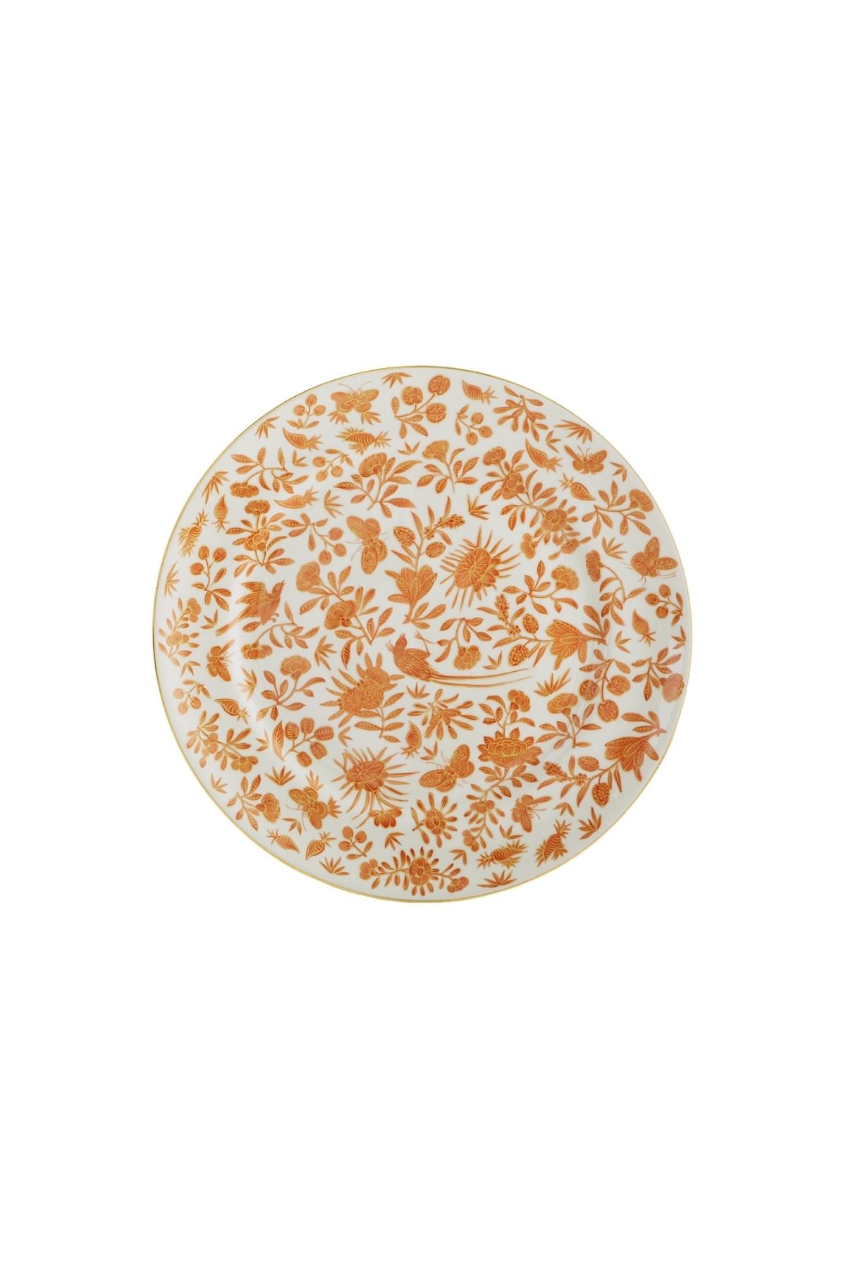 Sacred birds in orange print. Five piece place setting includes dinner plate, dessert plate, bread & butter plate and teacup with saucer.