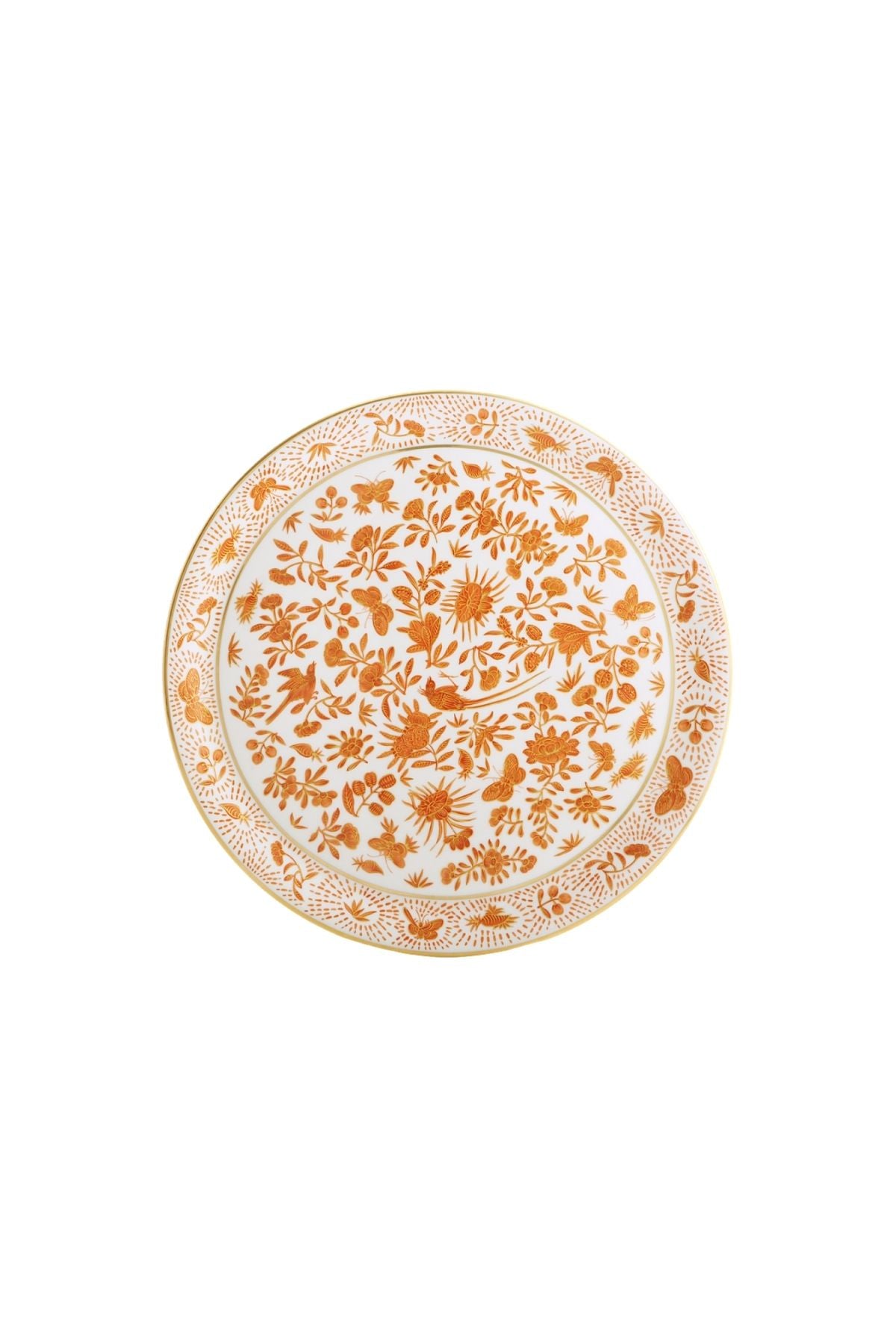 Sacred birds in orange print. Five piece place setting includes dinner plate, dessert plate, bread & butter plate and teacup with saucer.