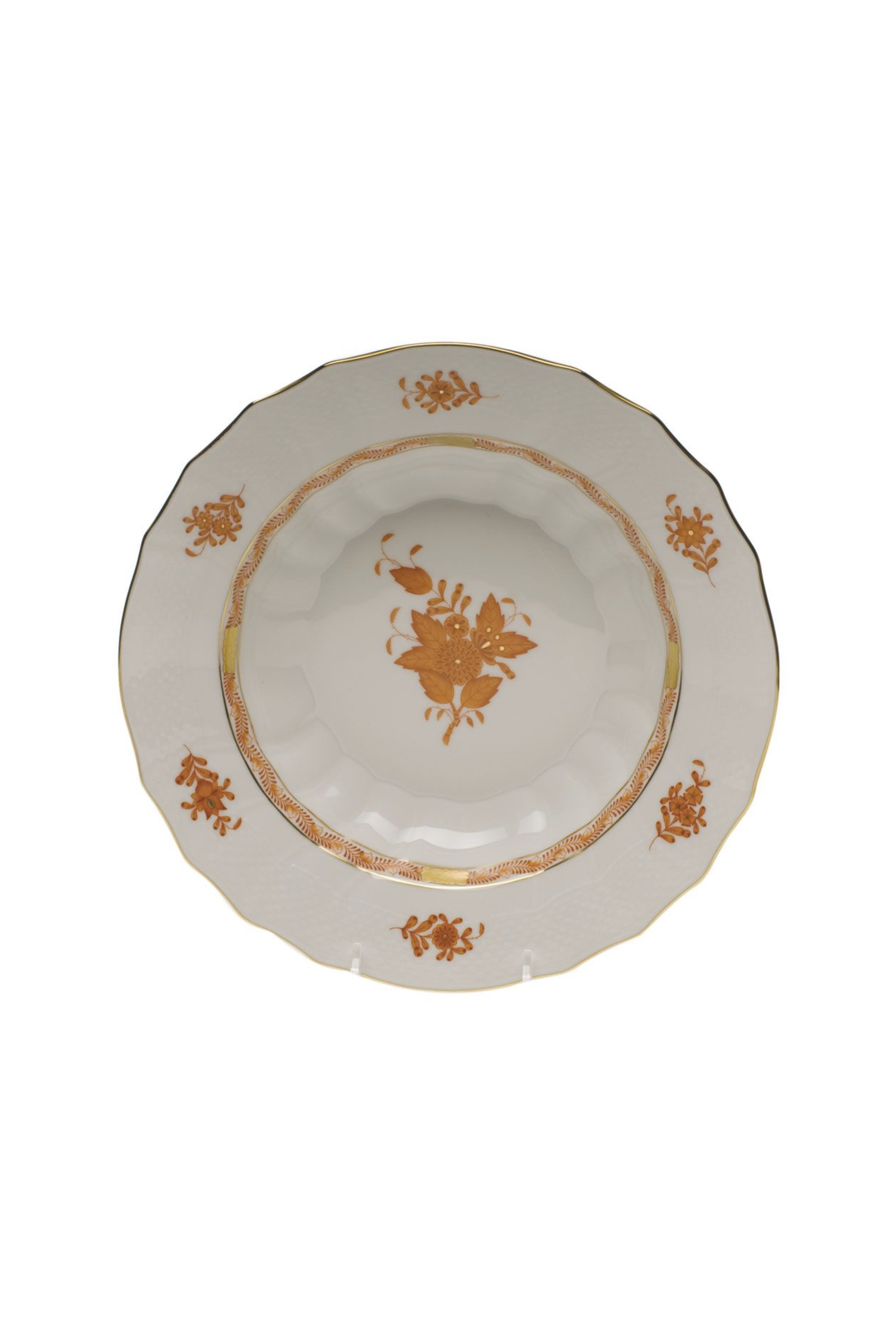 Chinese Bouquet dinnerware is Rust is one of Herend’s most popular Oriental designs from the 1930s. Each piece is hand painted on white porcelain including 24k accents.