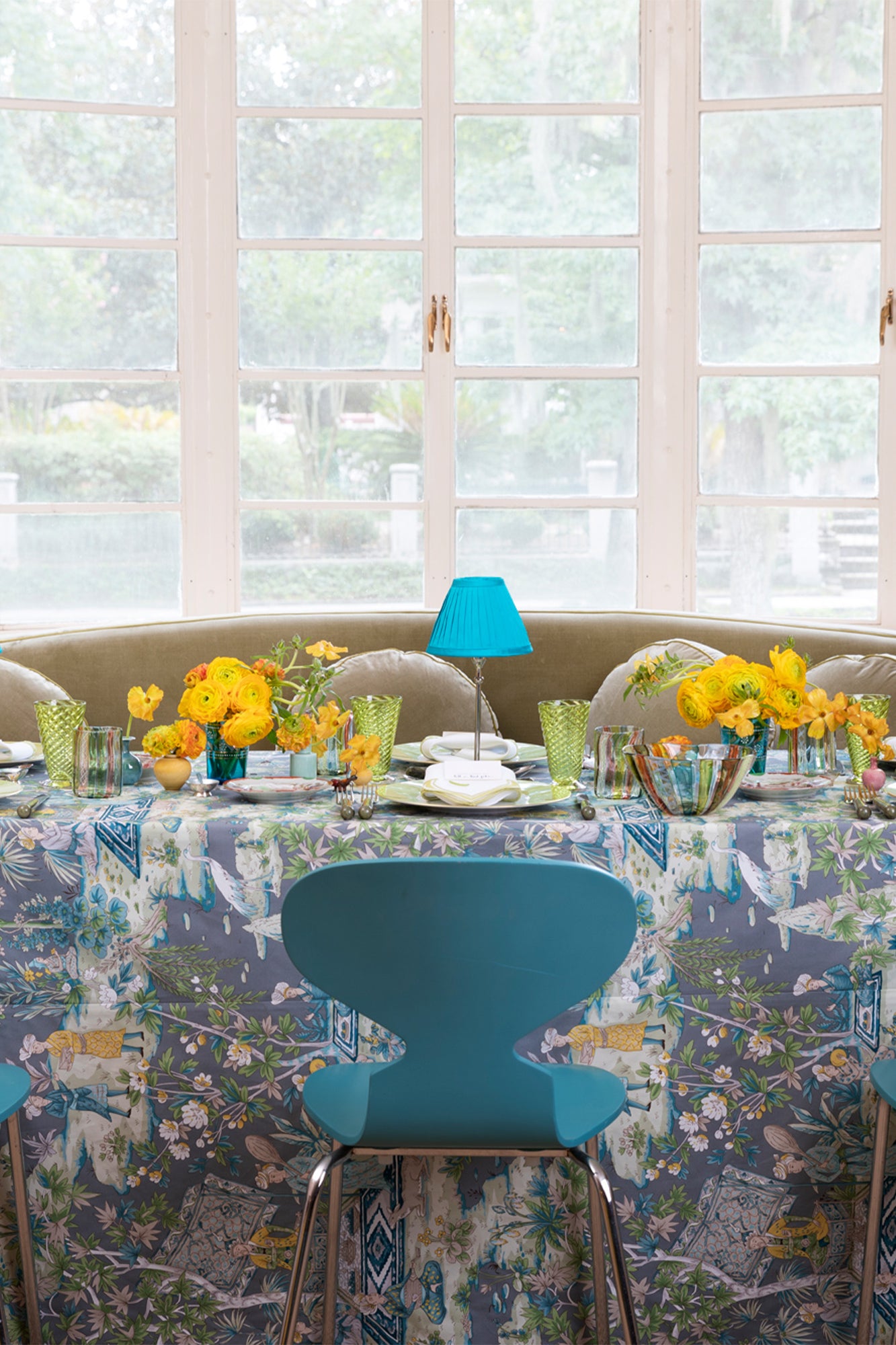 Marvelous hand-pleated turquoise silk shade.