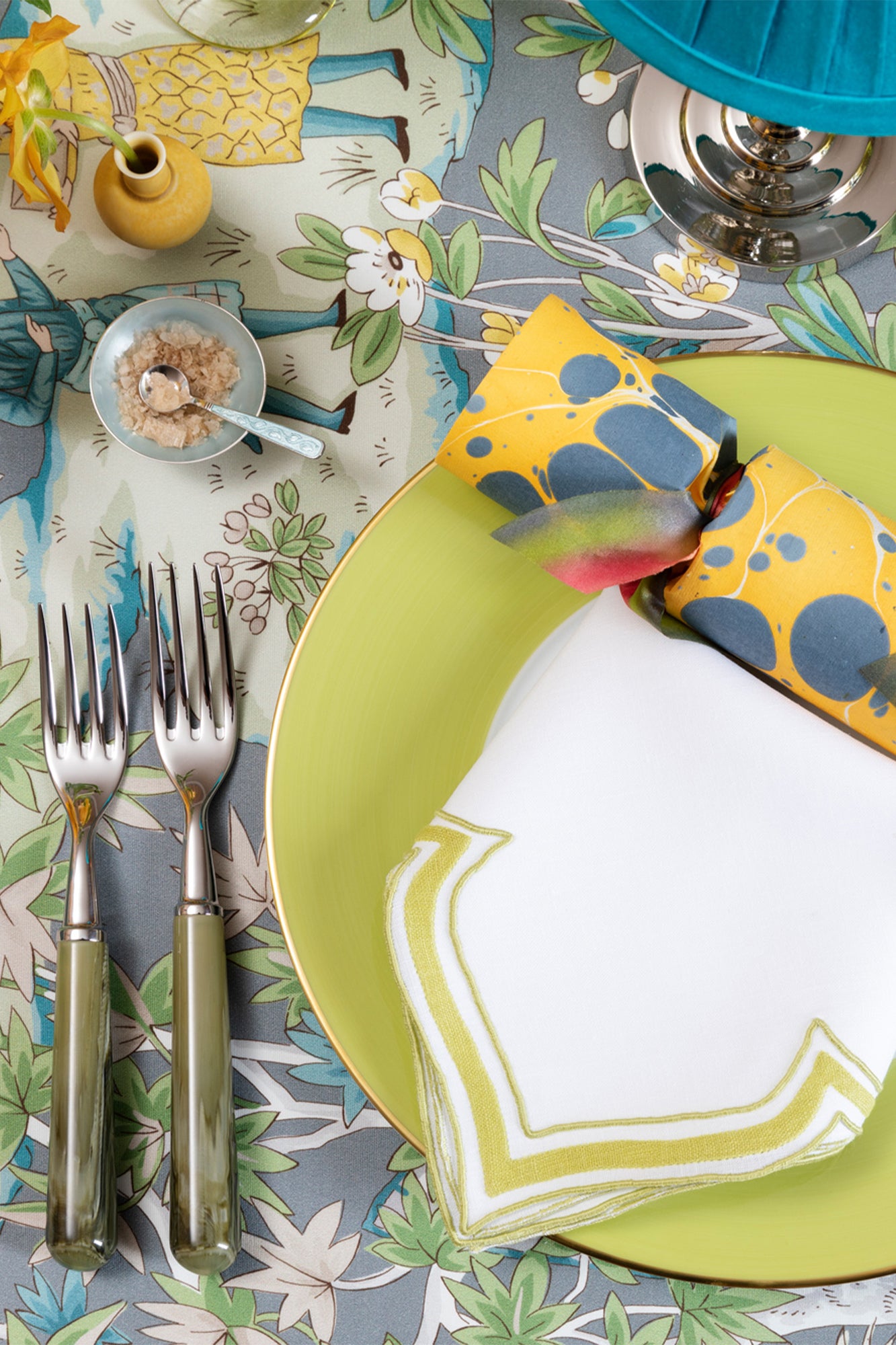 Green resin marbled flatware.