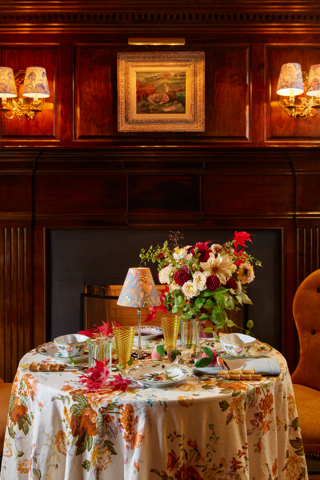 This hand-blocked linen floral has every color you need for setting a table for the holidays - fall to winter, and touches of blue for beyond.