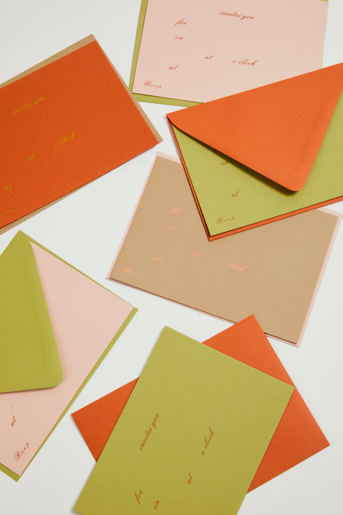 Set of 12 blank invitations engraved on heavy cardstock in Burnt Orange, Chartreuse and Light Pink colors.