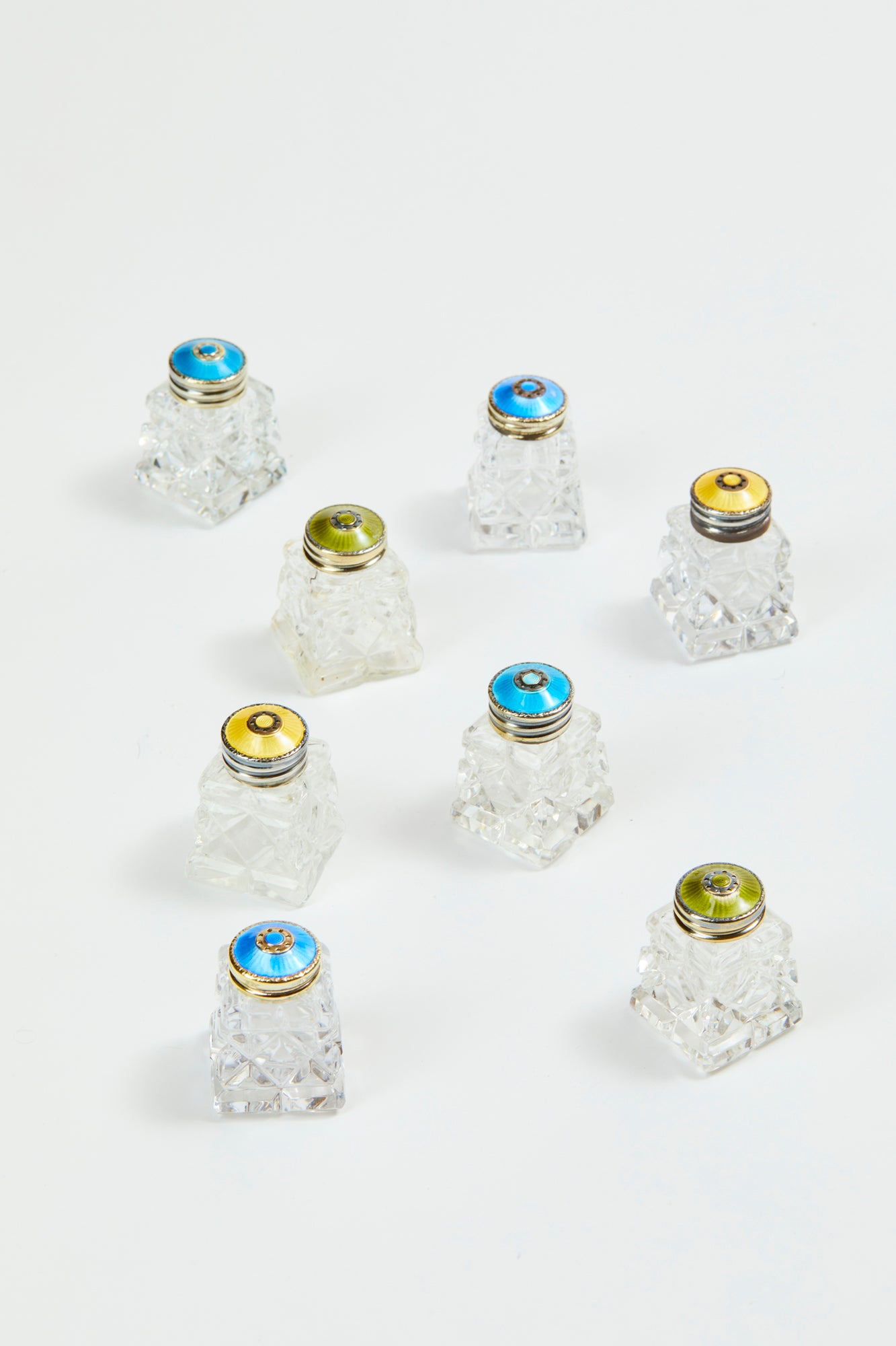 Set of 2 vintage glass and enamel with sterling and enamel lids in turquoise, yellow and green.