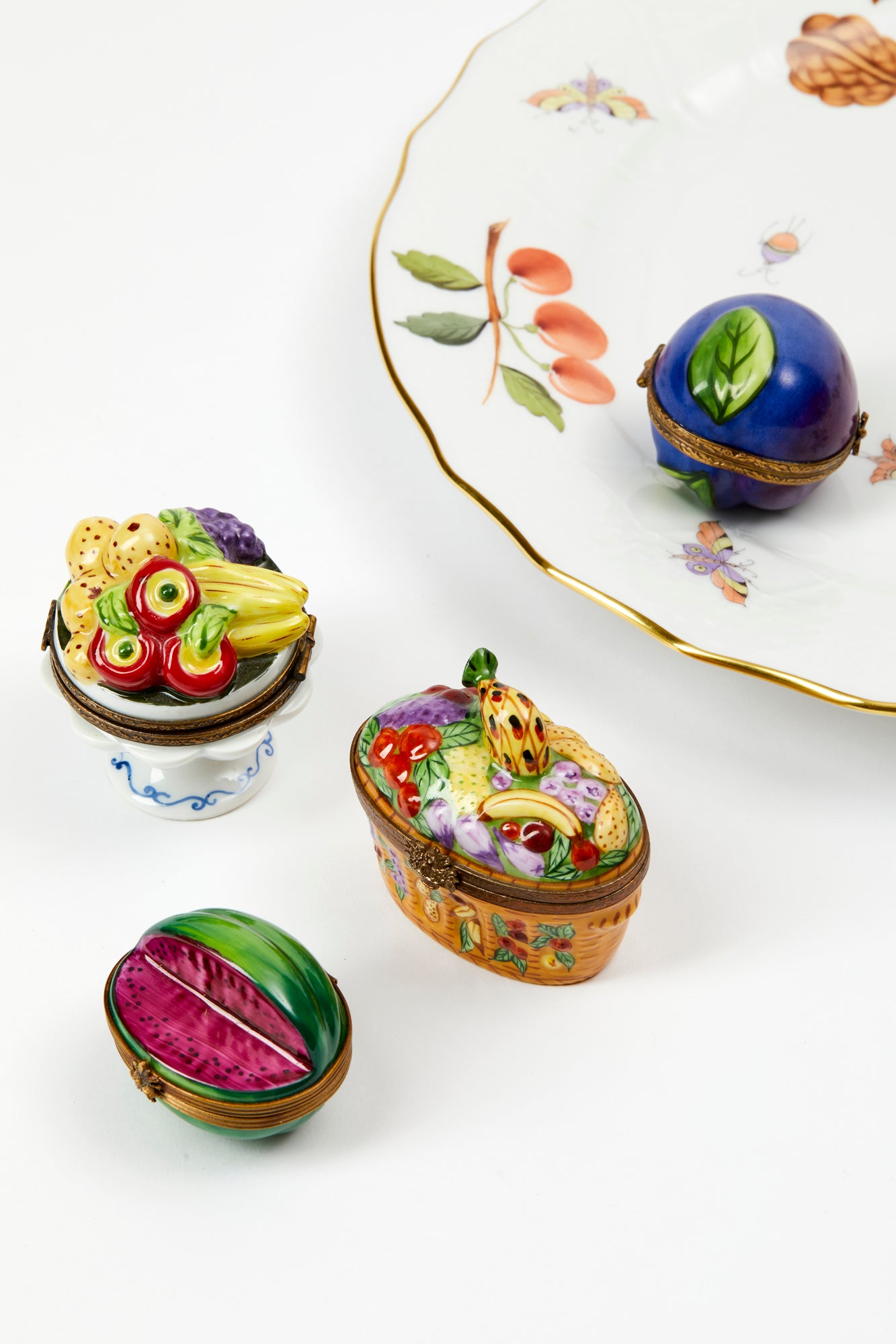 Vintage fruit limoges boxes.