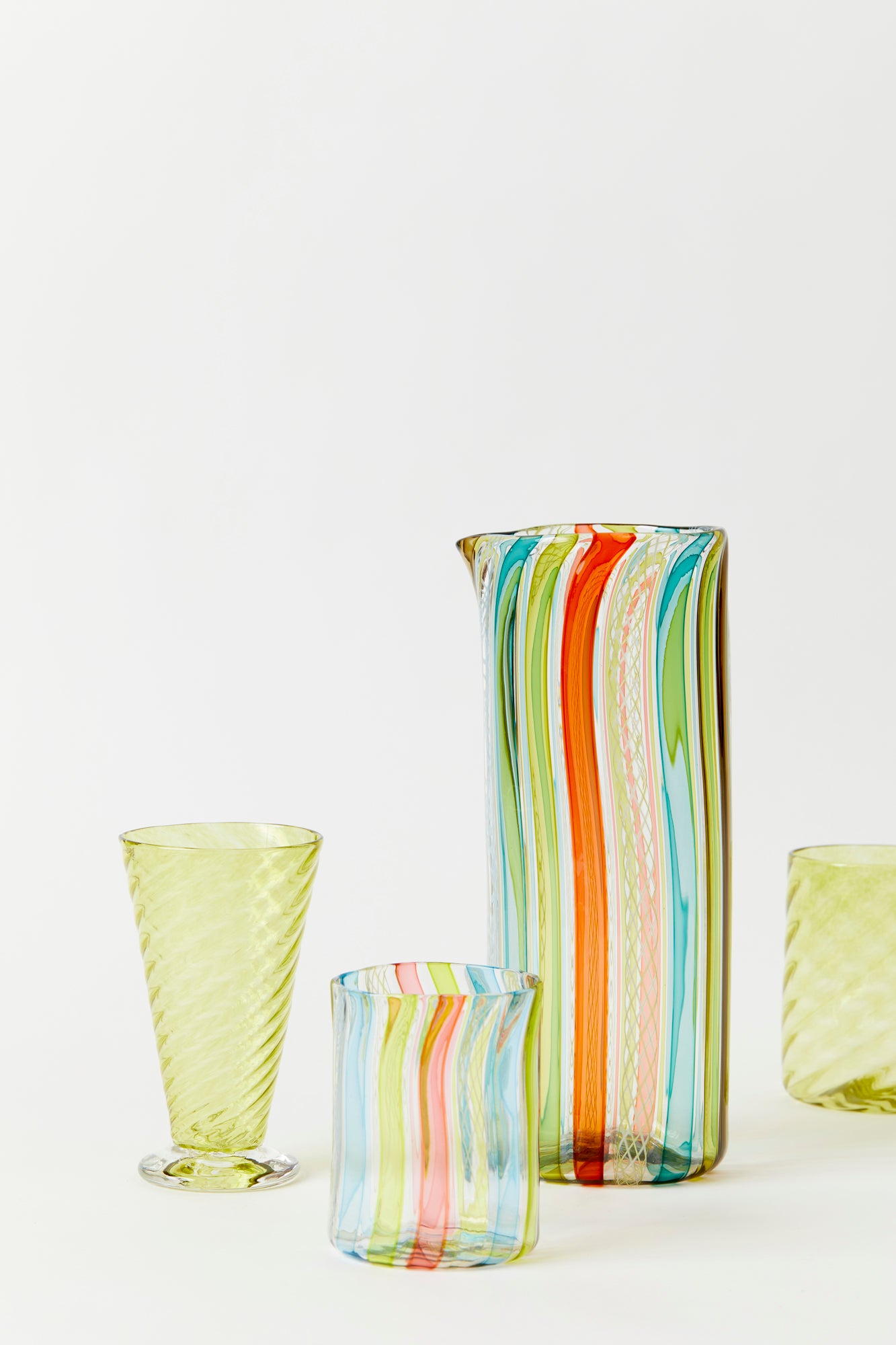 Handblown glass pitcher in chartreuse & tangerine.