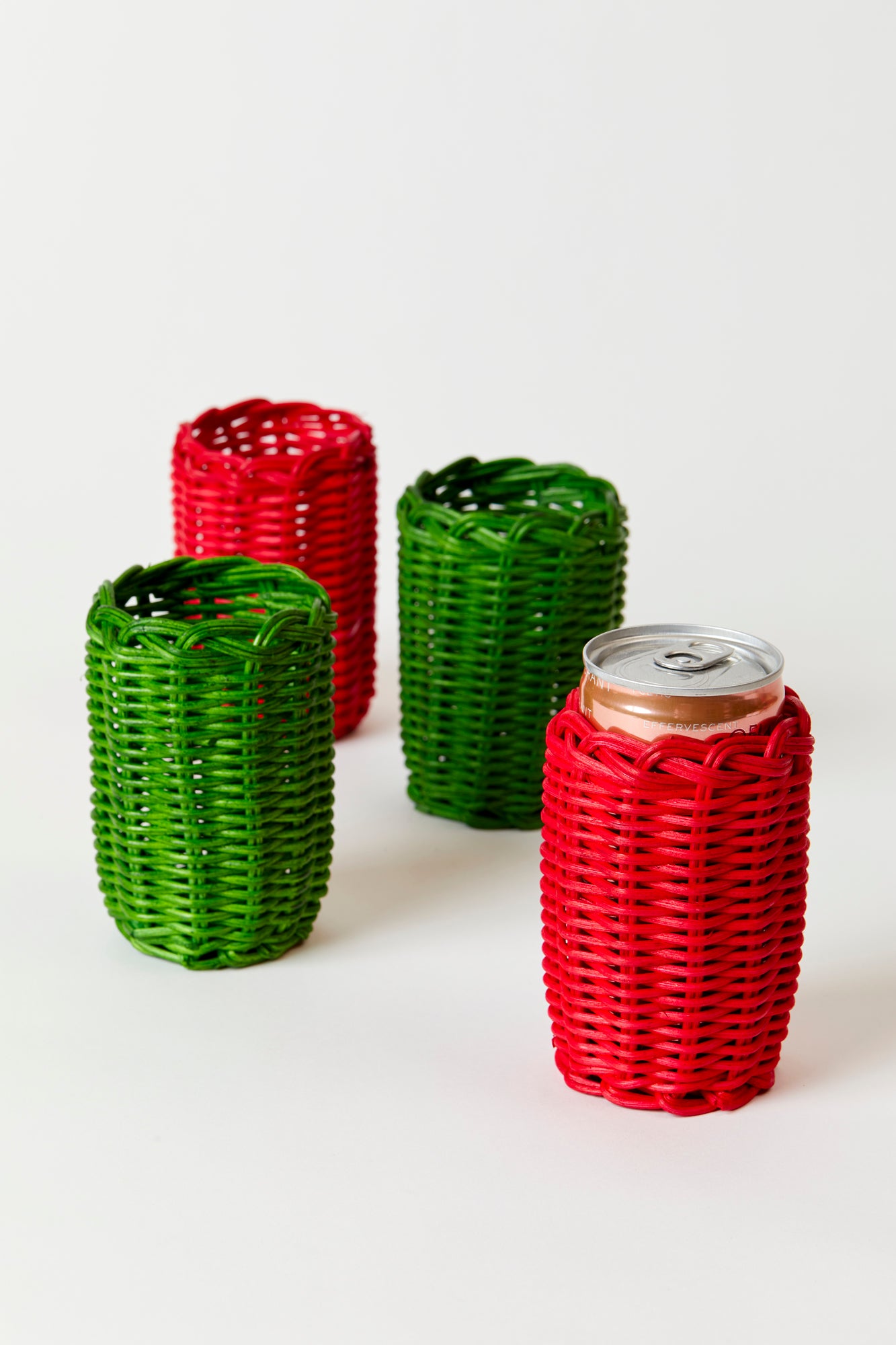 Red and green wicker slim can covers.