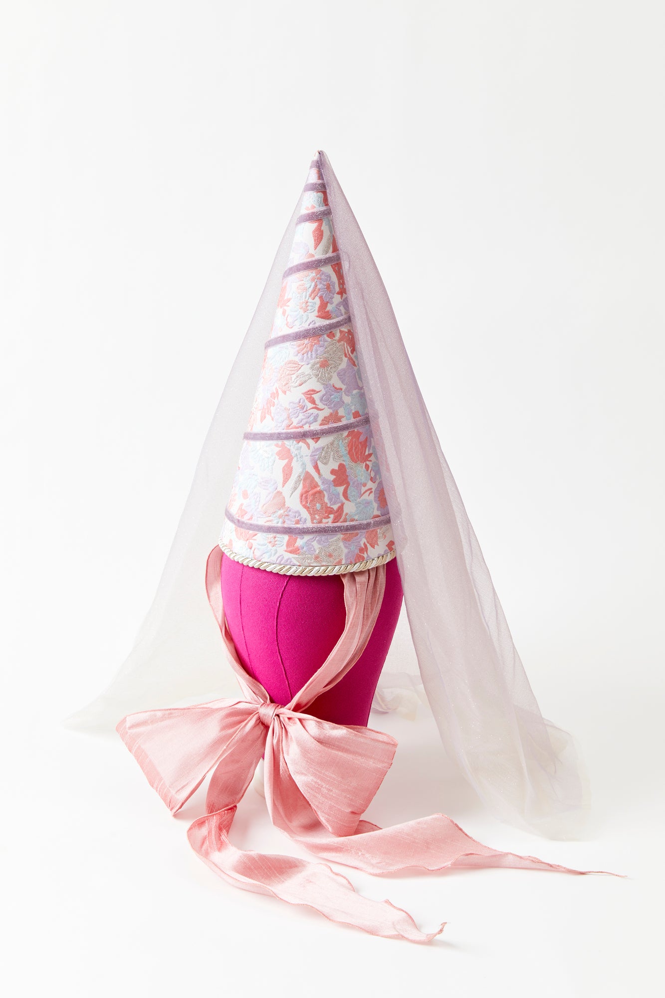 Tall royal princess hennin hat in pink and lavendar.