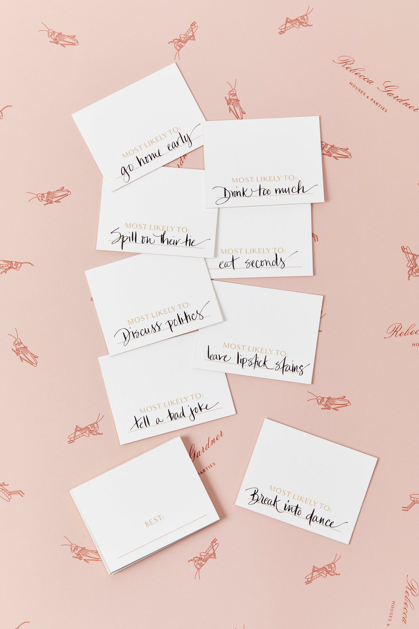 Engraved superlative place cards in gold ink for extra luxe.