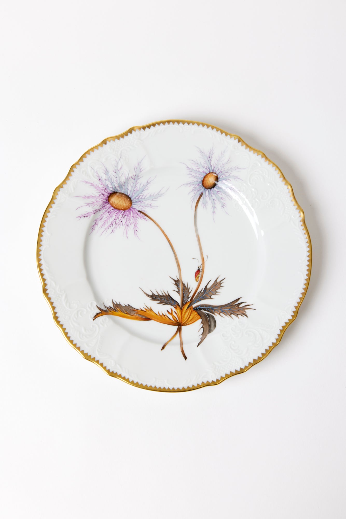 Fine porcelain plates, evocative of wild fairytale foliage from behind the castle wall.