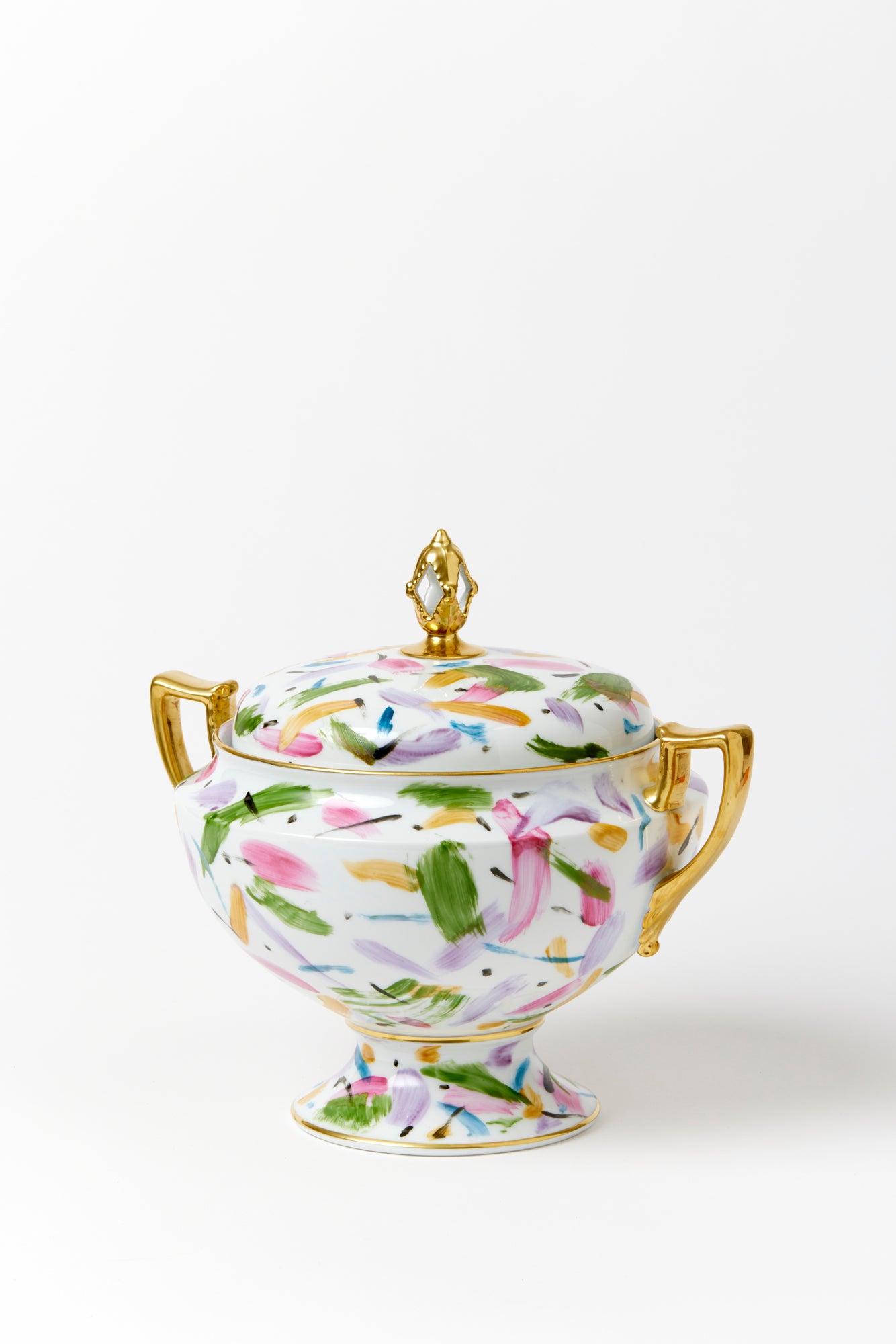 Porcelain tureen with colorful brushstrokes.