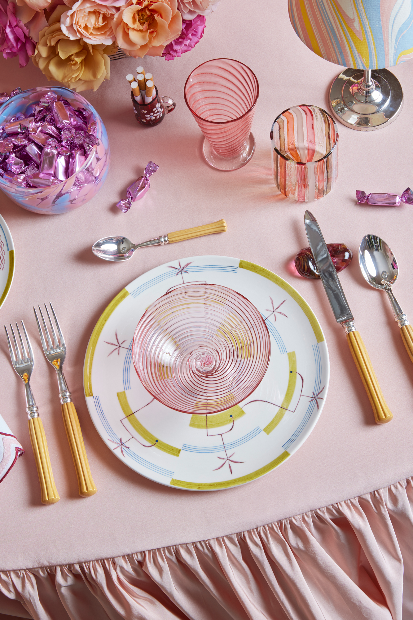Handblown blush glass dessert compote.