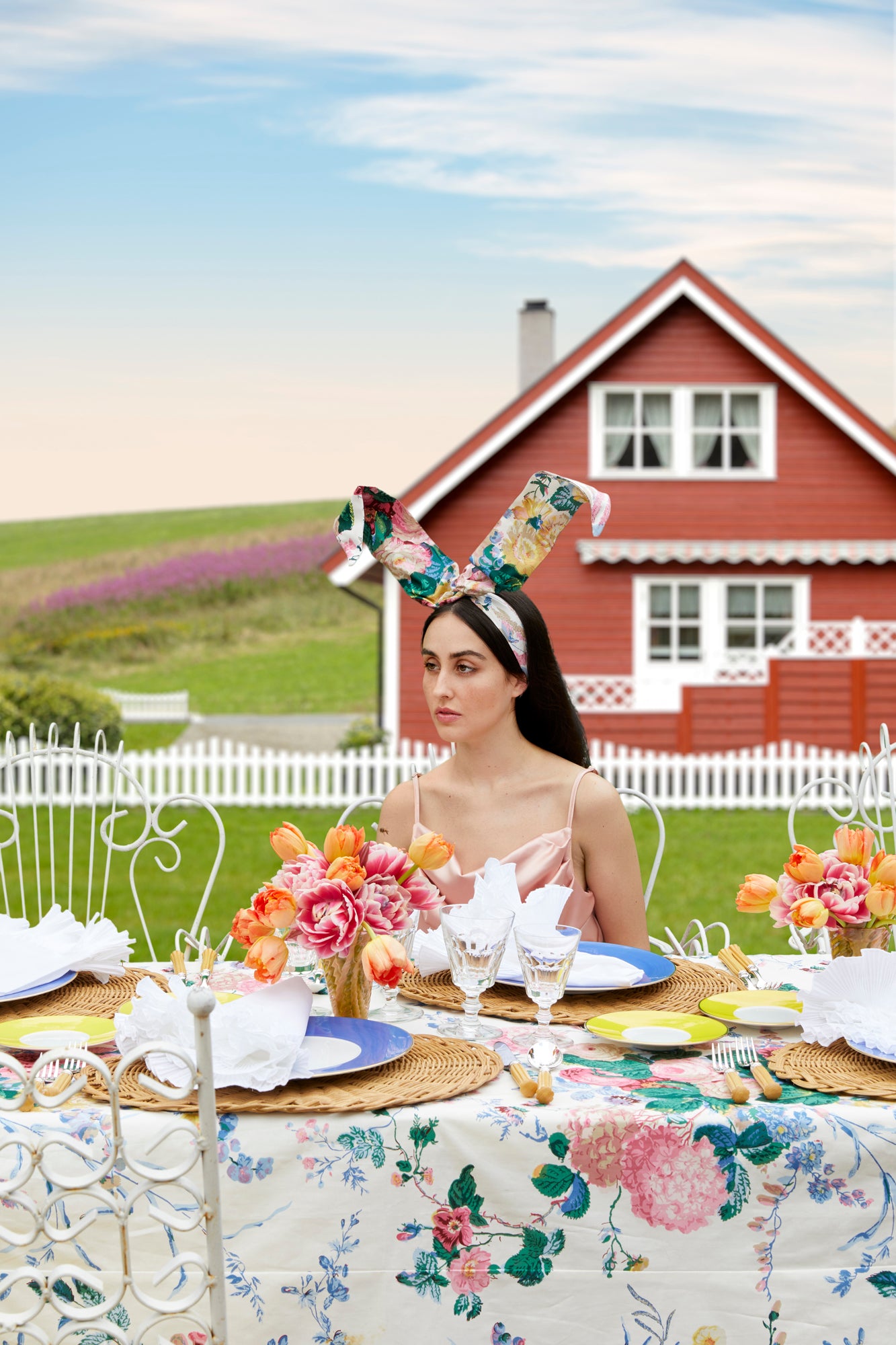 Patterned bunny ear head wrap.