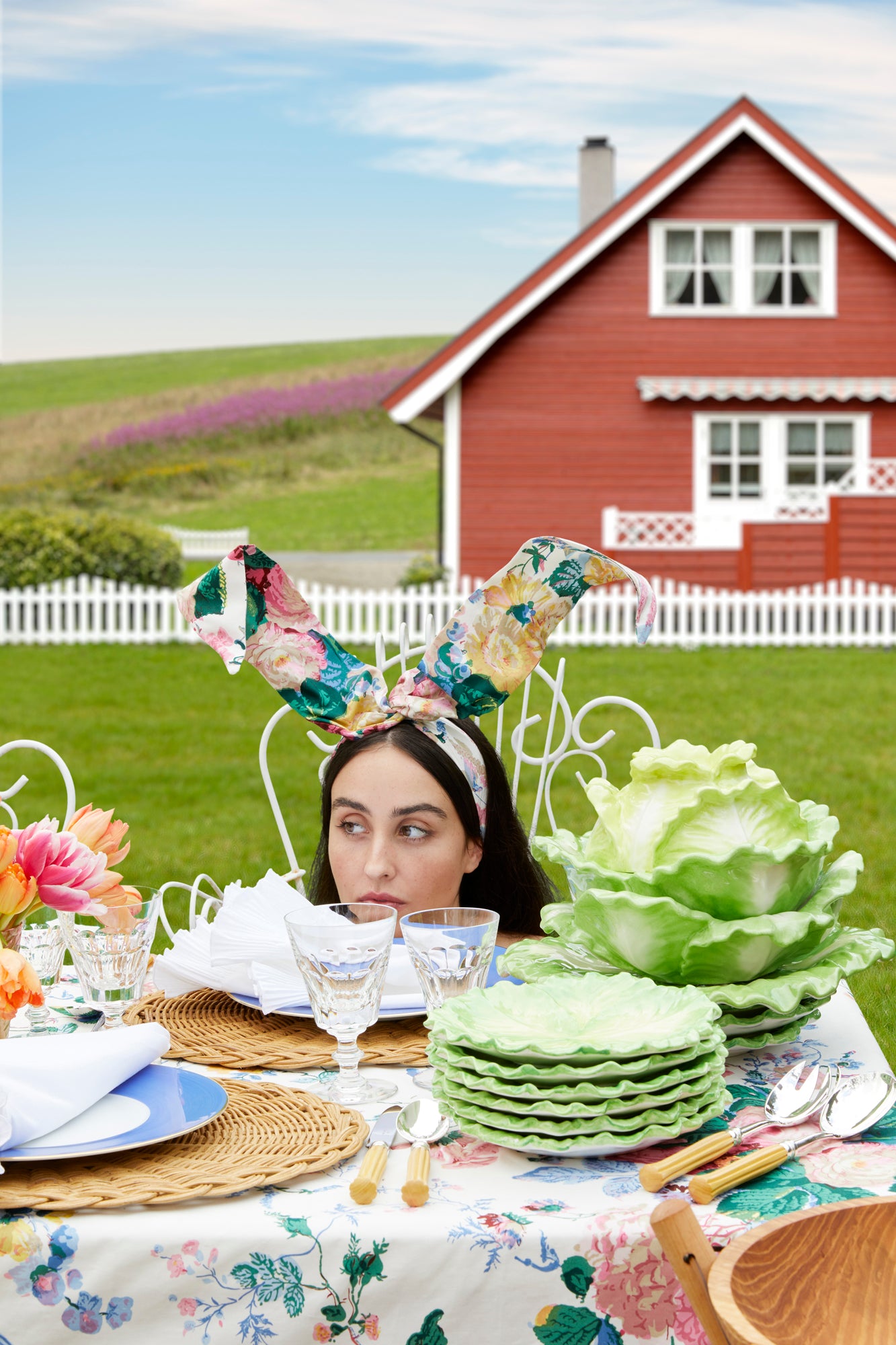 Patterned bunny ear head wrap.