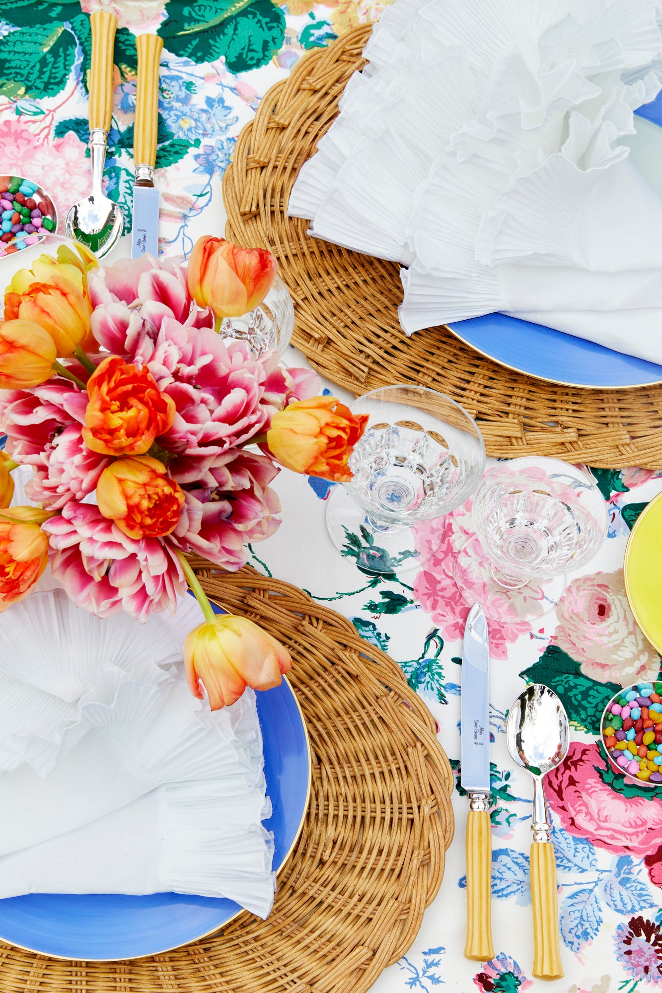 Stainless steel with silver plate and boxwood handles, dishwasher safe, made in France.