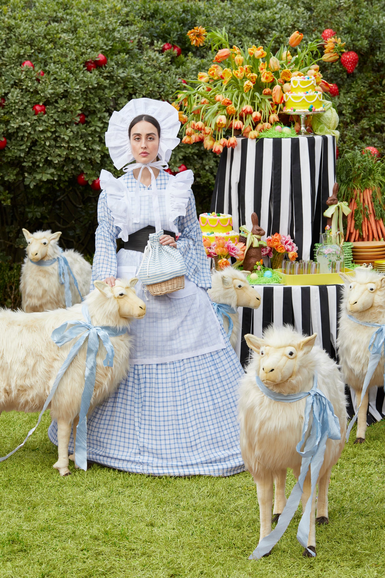Charming ruffled aprons in white cotton organdy.