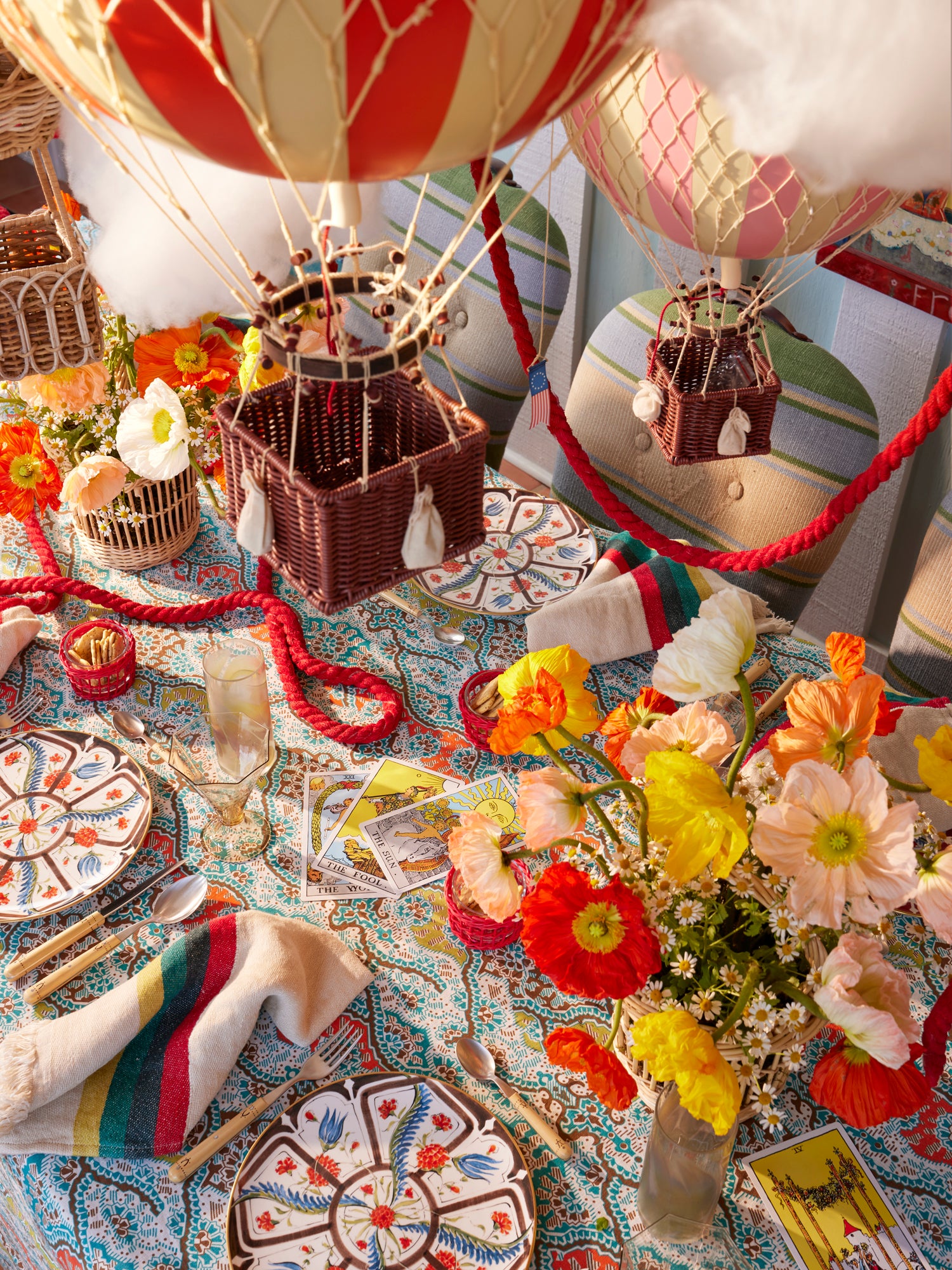 Gypset hand-blocked linen tablecloth to the floor.