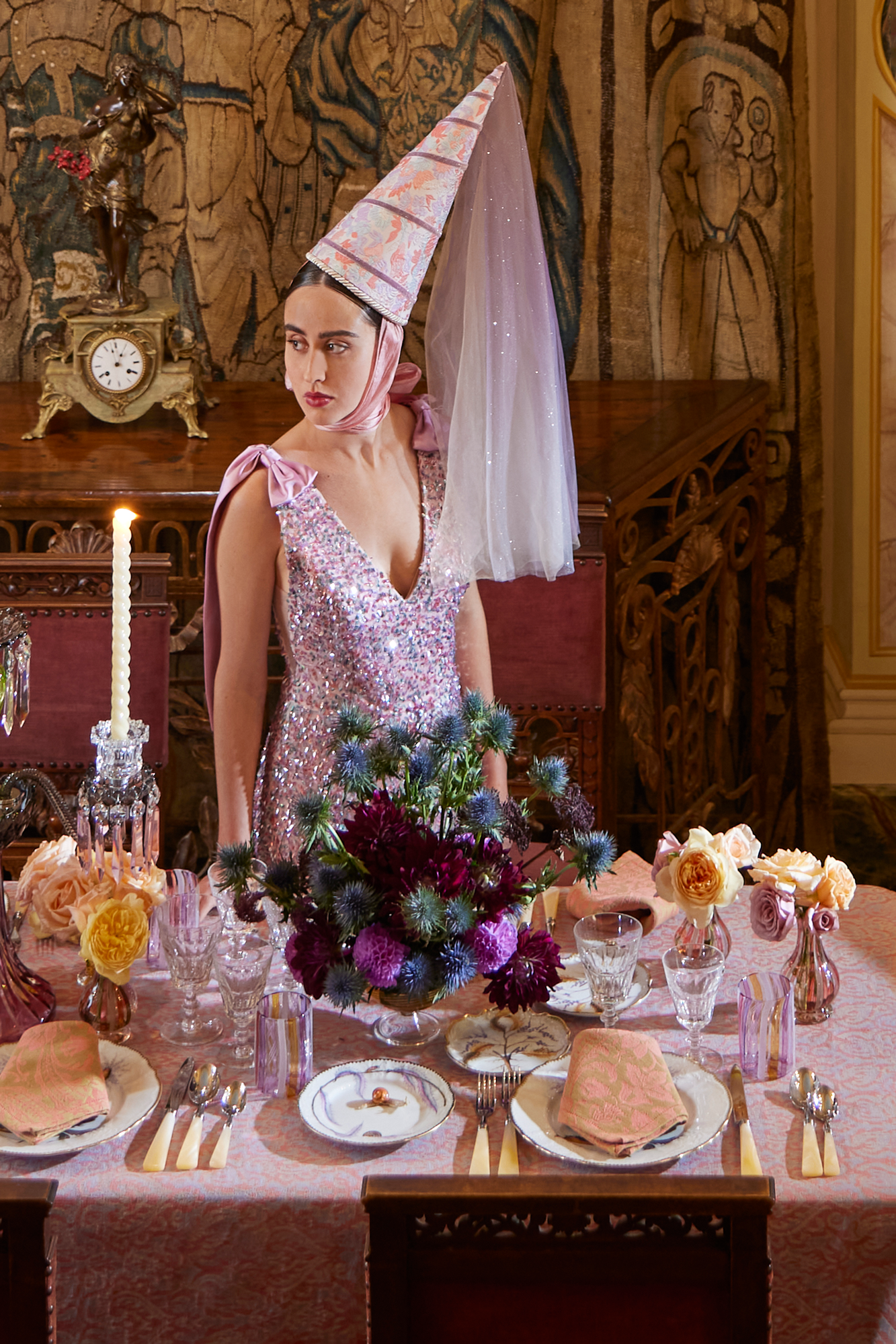 Tall royal princess hennin hat in pink and lavendar.