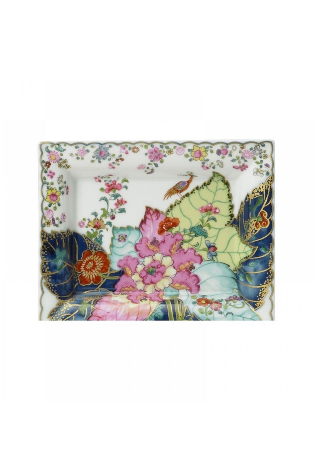 Dinnerware with a small phoenix bird perches on the leaves of the flowering Nicotiana (Tobacco) plant. Twenty-seven colors and 22k gold make up this pattern based on an original in the Metropolitan Museum of Art.