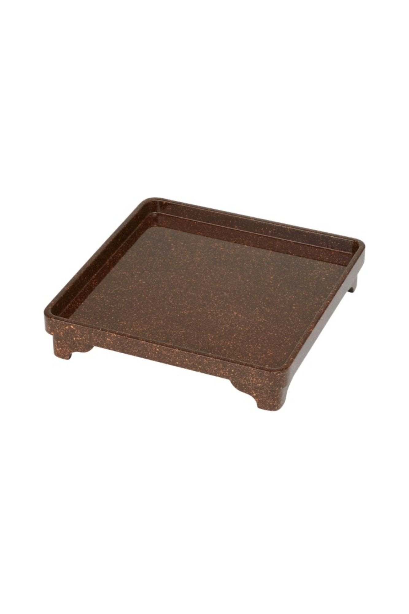 Photograph of a square brown riser tray against a white background.
