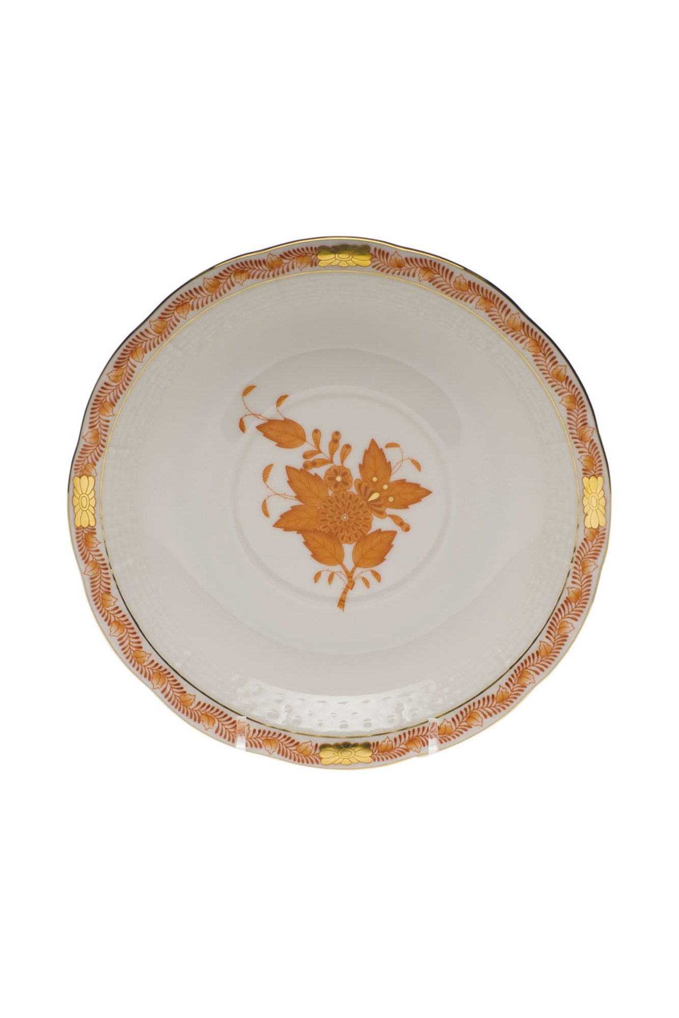 Chinese Bouquet dinnerware is Rust is one of Herend’s most popular Oriental designs from the 1930s. Each piece is hand painted on white porcelain including 24k accents.