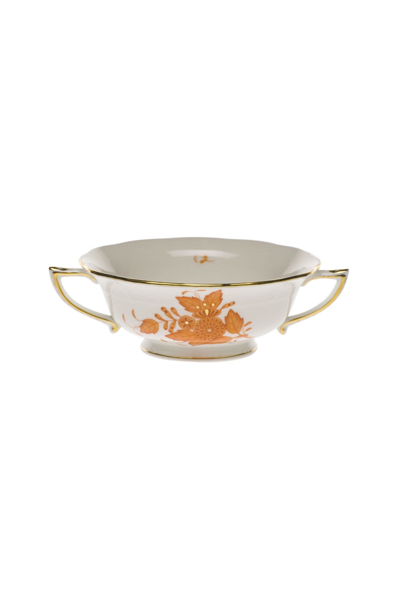 Chinese Bouquet dinnerware is Rust is one of Herend’s most popular Oriental designs from the 1930s. Each piece is hand painted on white porcelain including 24k accents.
