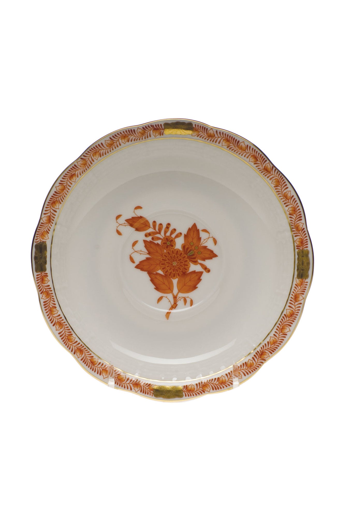 Chinese Bouquet dinnerware is Rust is one of Herend’s most popular Oriental designs from the 1930s. Each piece is hand painted on white porcelain including 24k accents.