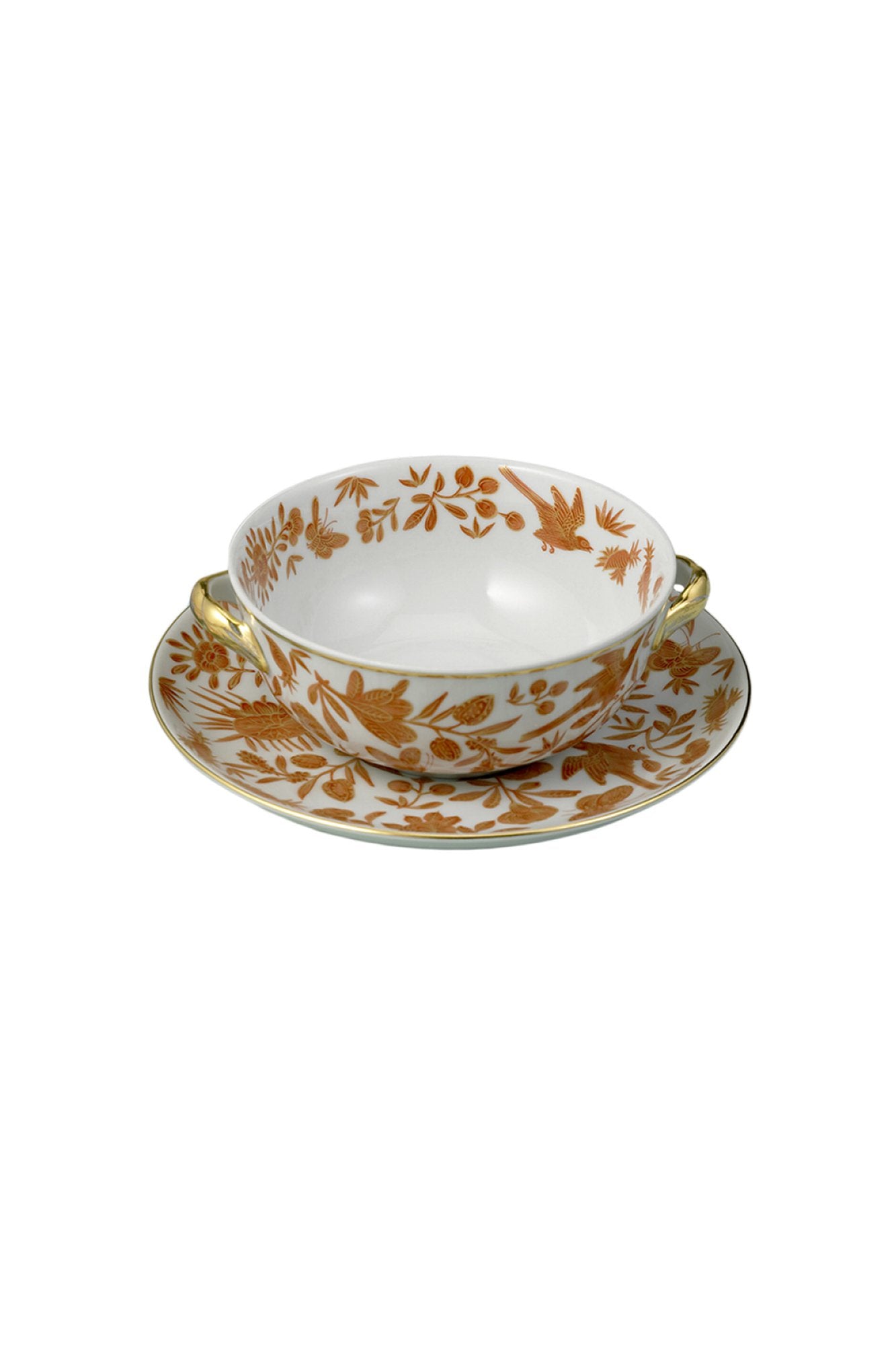 Sacred birds in orange print. Five piece place setting includes dinner plate, dessert plate, bread & butter plate and teacup with saucer.