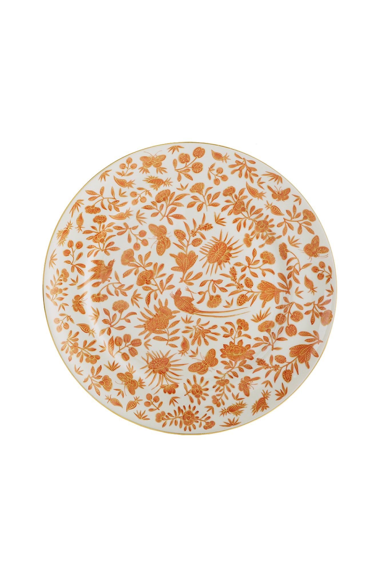 Sacred birds in orange print. Five piece place setting includes dinner plate, dessert plate, bread & butter plate and teacup with saucer.