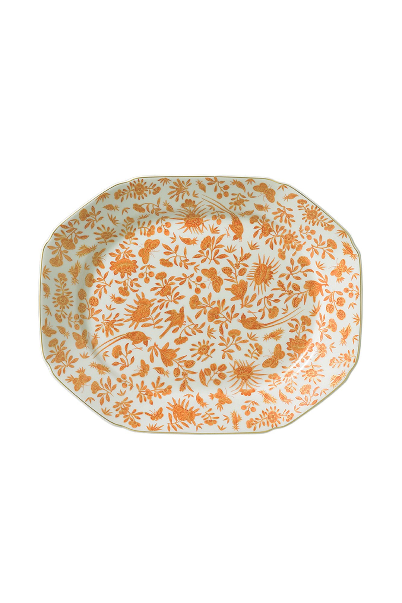 Sacred birds in orange print. Five piece place setting includes dinner plate, dessert plate, bread & butter plate and teacup with saucer.
