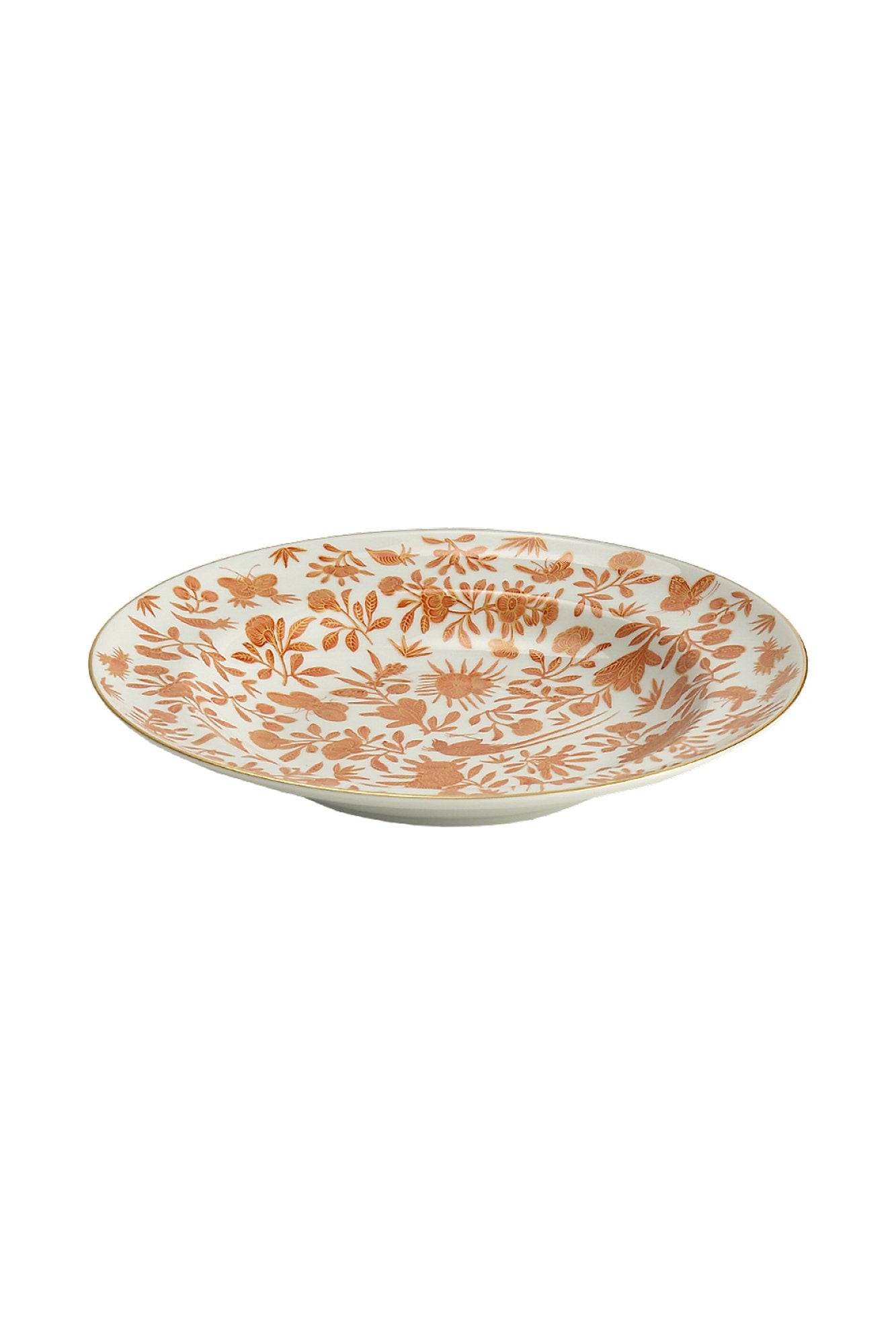 Sacred birds in orange print. Five piece place setting includes dinner plate, dessert plate, bread & butter plate and teacup with saucer.