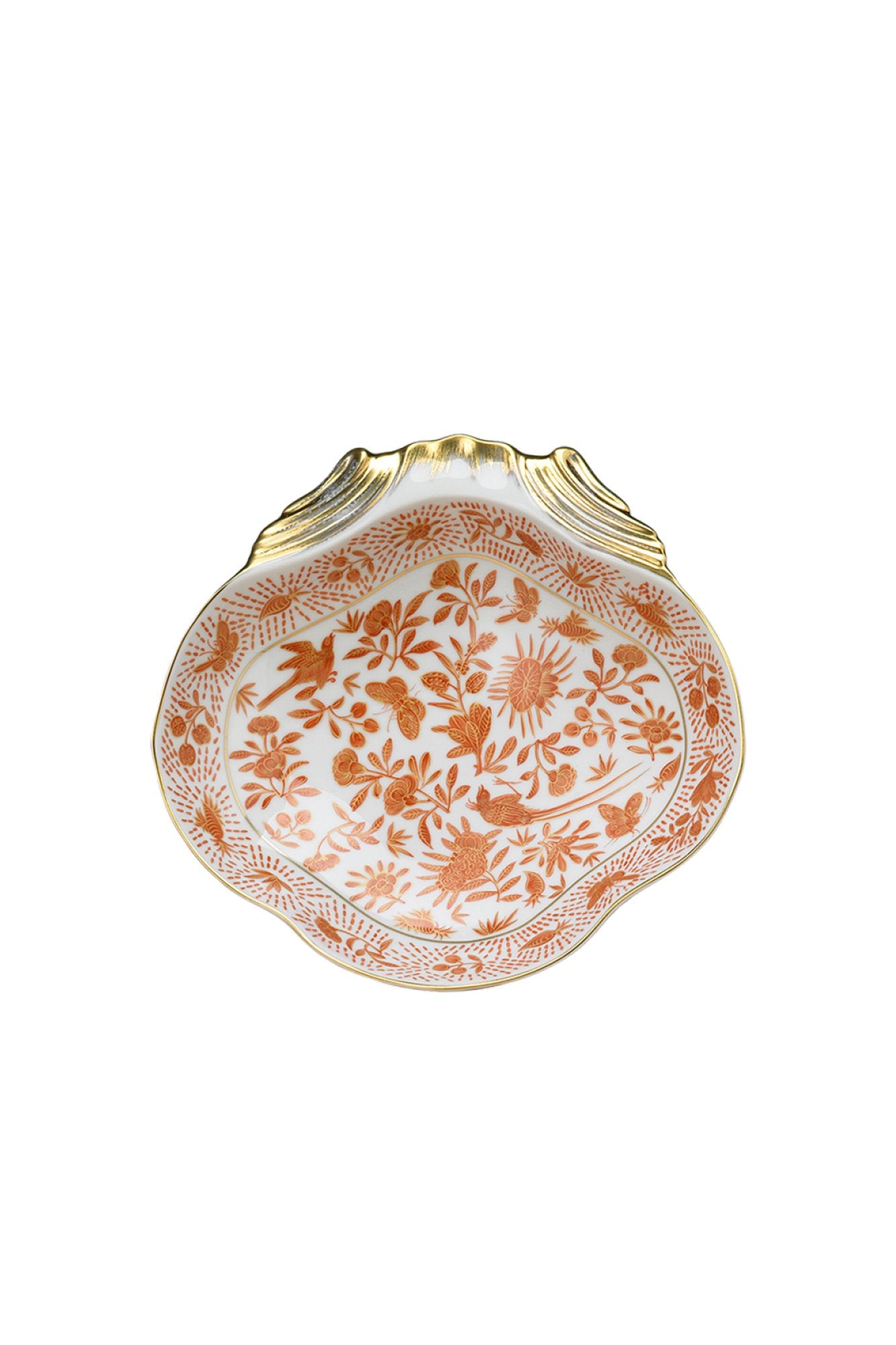 Sacred birds in orange print. Five piece place setting includes dinner plate, dessert plate, bread & butter plate and teacup with saucer.