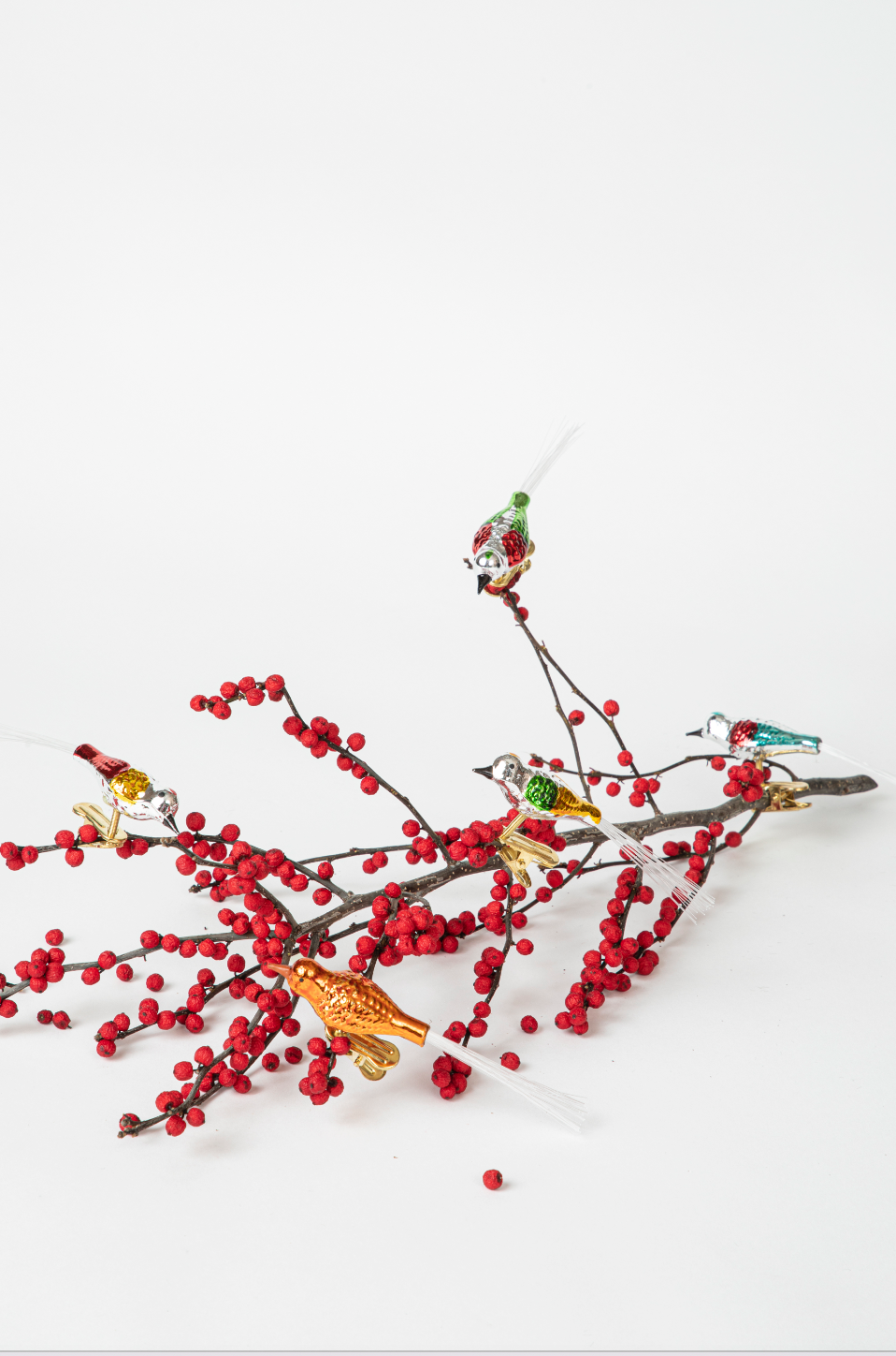 SET OF 5 RETRO BIRD ORNAMENTS WITH TAGS.