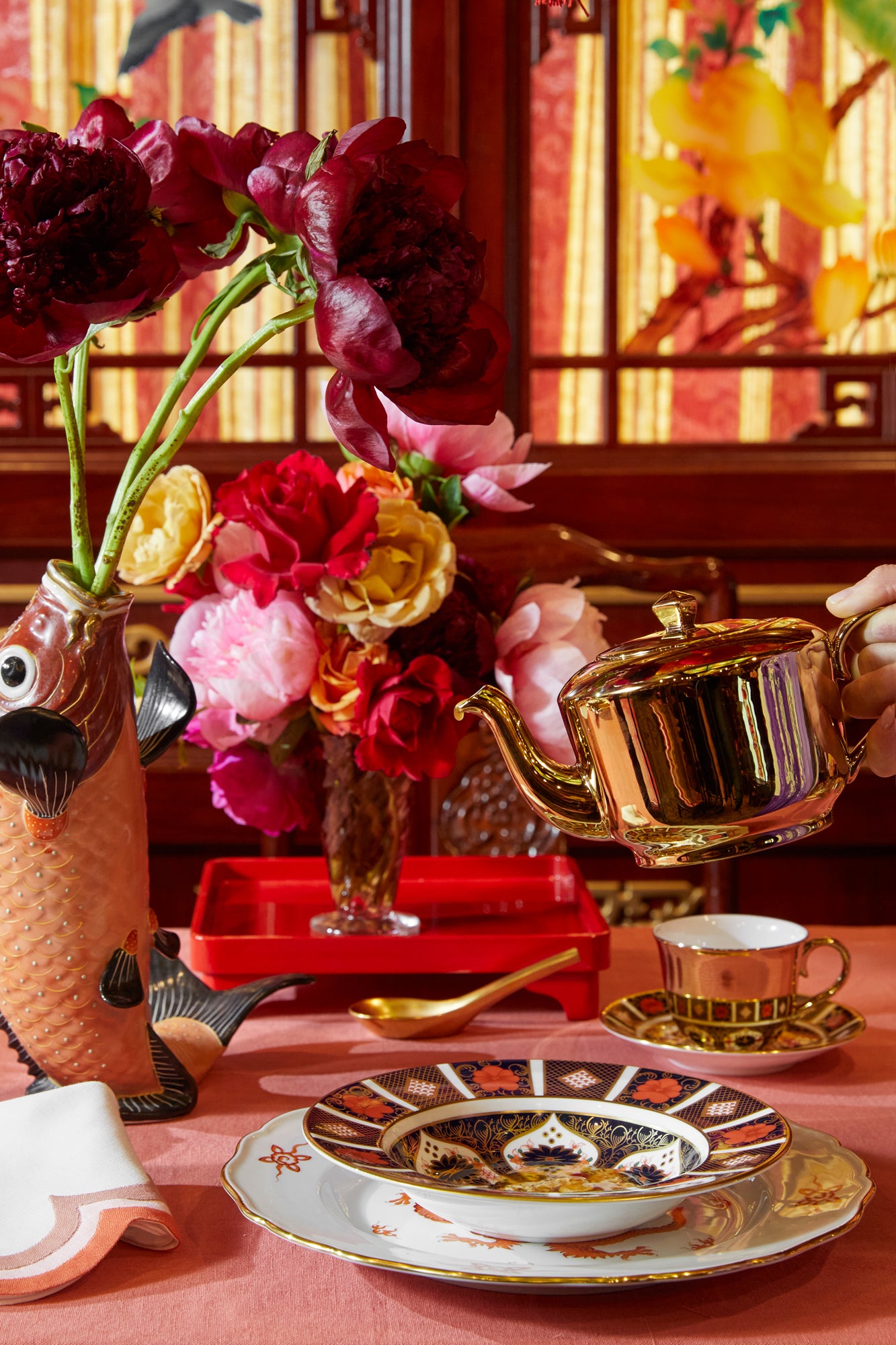 Handmade in England by Royal Crown Derby. The distinctive 1128 Old Imari pattern dates back to 1882. Iron red, cobalt blue, and 22 karat gold.