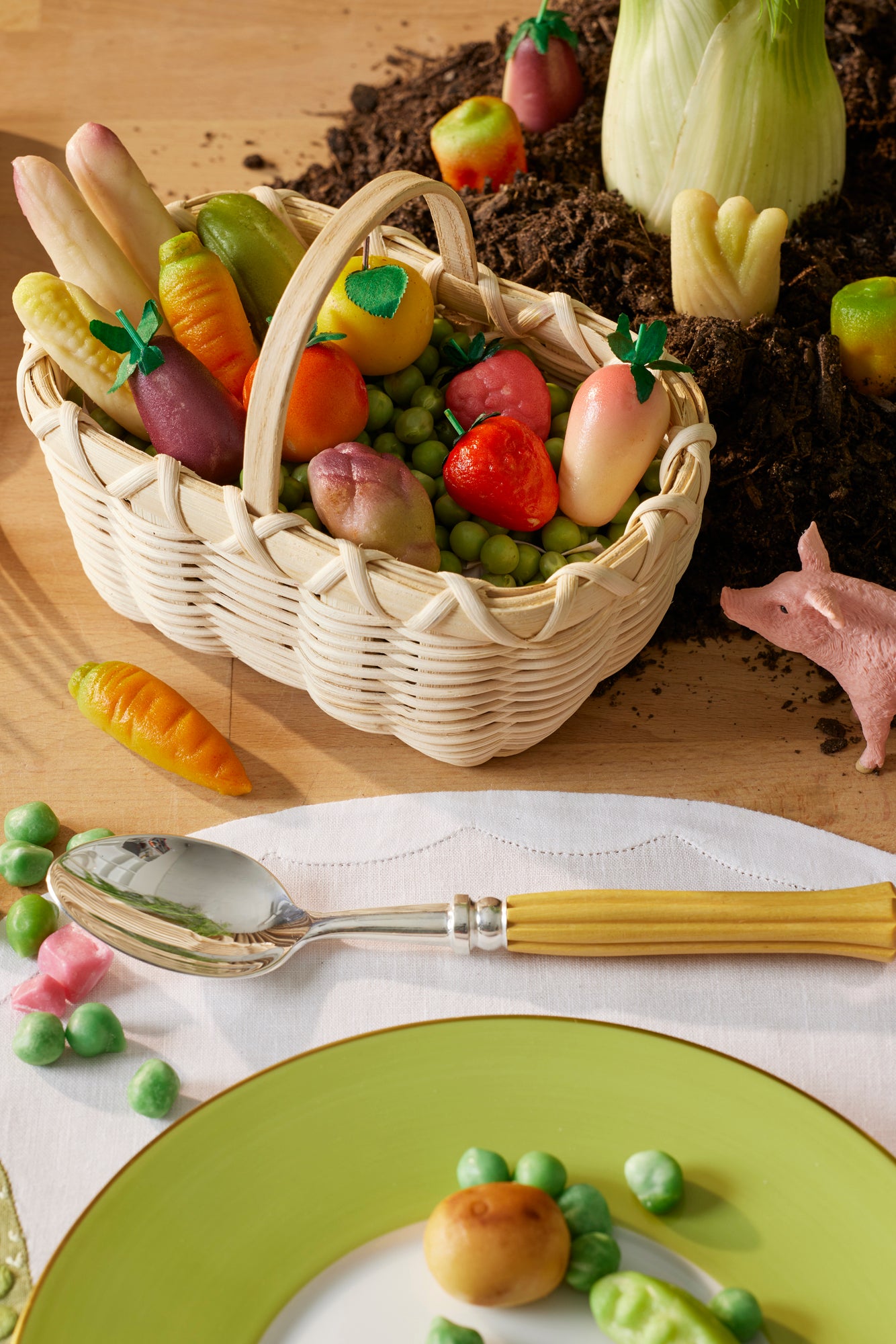 Handwoven basket with a delicate linen liner for serving cheese straws during cocktails.