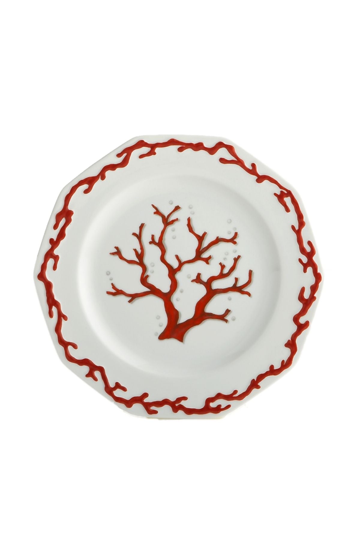 Uniquely beautiful patterned plates with a necklace of raised hand-painted red coral on the shoulder.