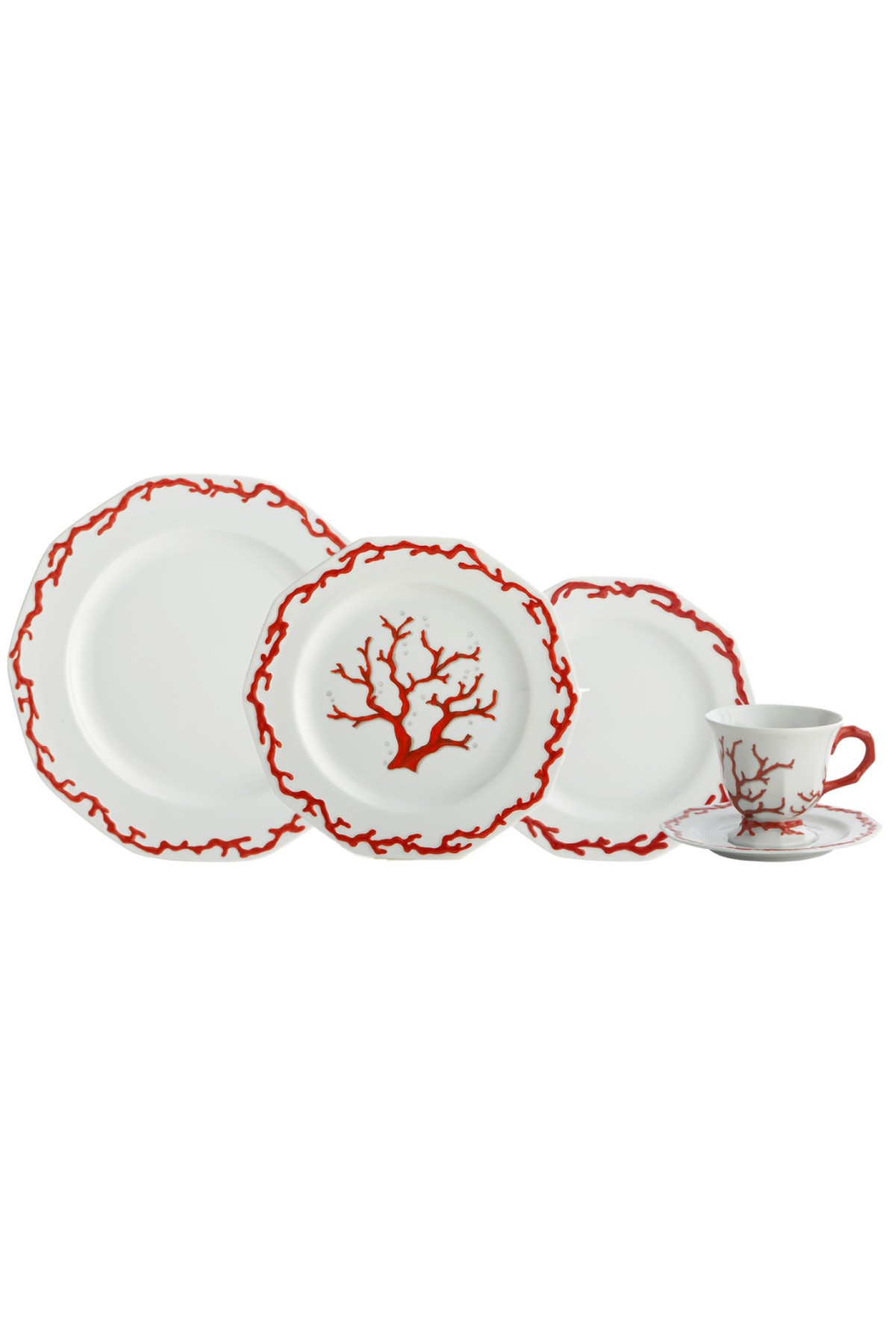 Uniquely beautiful patterned plates with a necklace of raised hand-painted red coral on the shoulder.