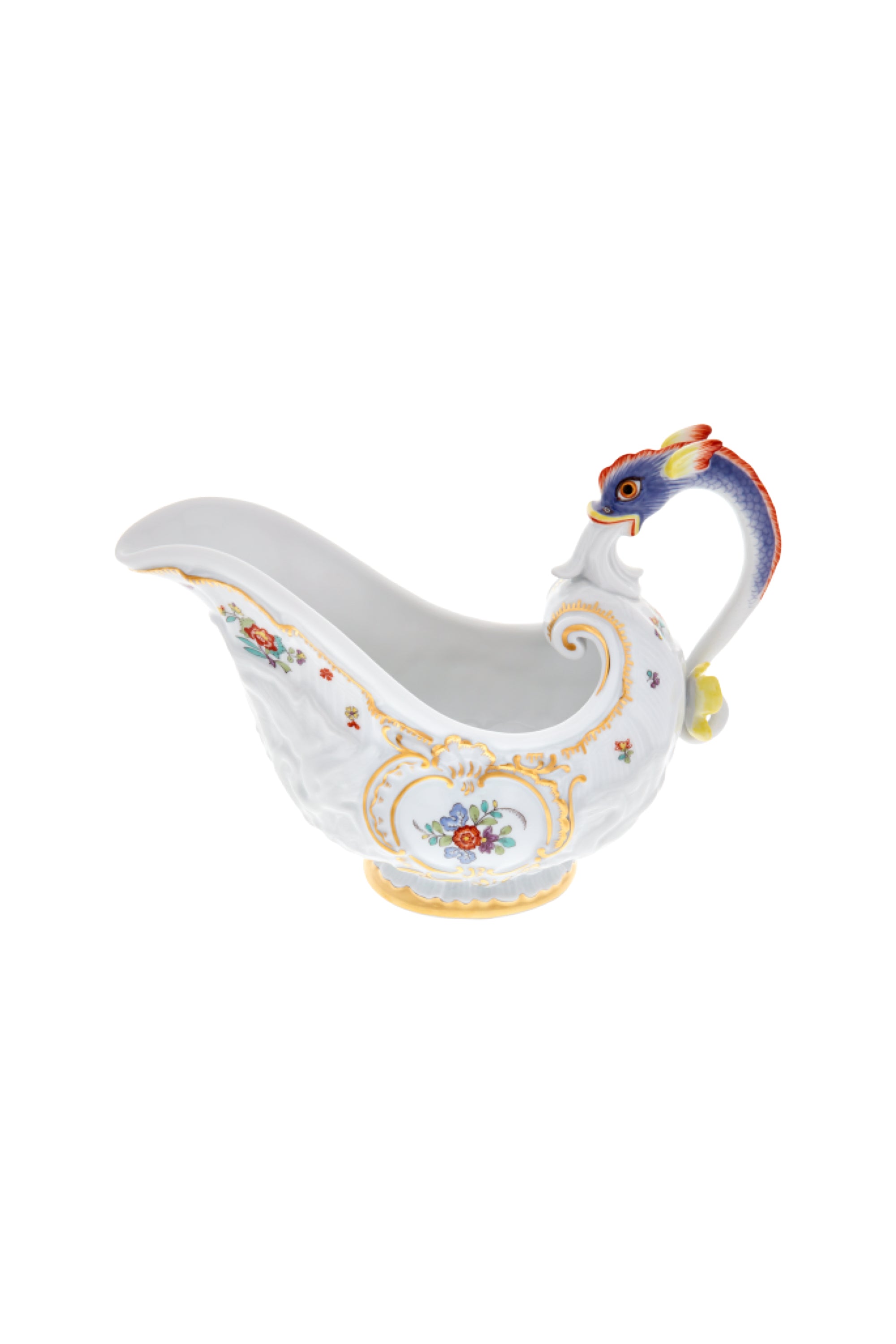 Designed by Johann Joachim Kändler, the pattern features a delicate background with radiating bands based on a scallop shell and a central well dressed with a pair of swans on water amid bullrushes, swooping cranes, and fish. Several parts of the service depict figures from Greco-Roman mythology, like Glaucus and the dolphin-riding Galatea.