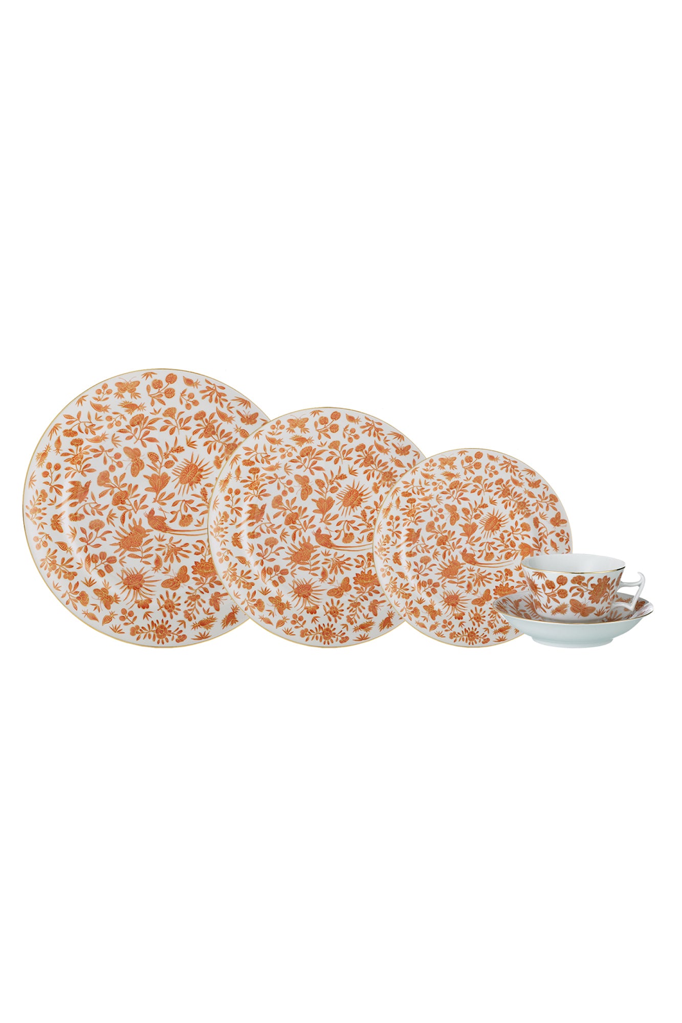 Sacred birds in orange print. Five piece place setting includes dinner plate, dessert plate, bread & butter plate and teacup with saucer.